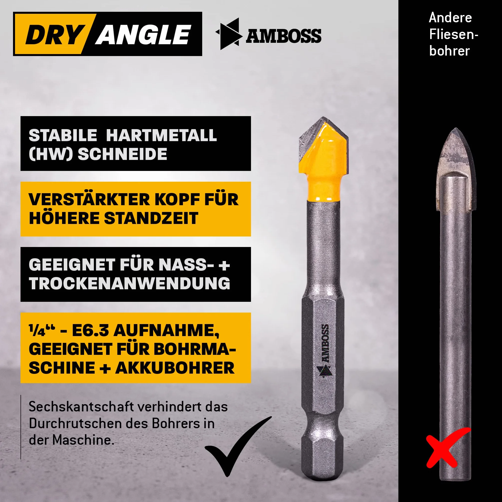 Amboss DryAngle Ø 12mm Punta per piastrelle vetro ceramica - Codolo esagonale
