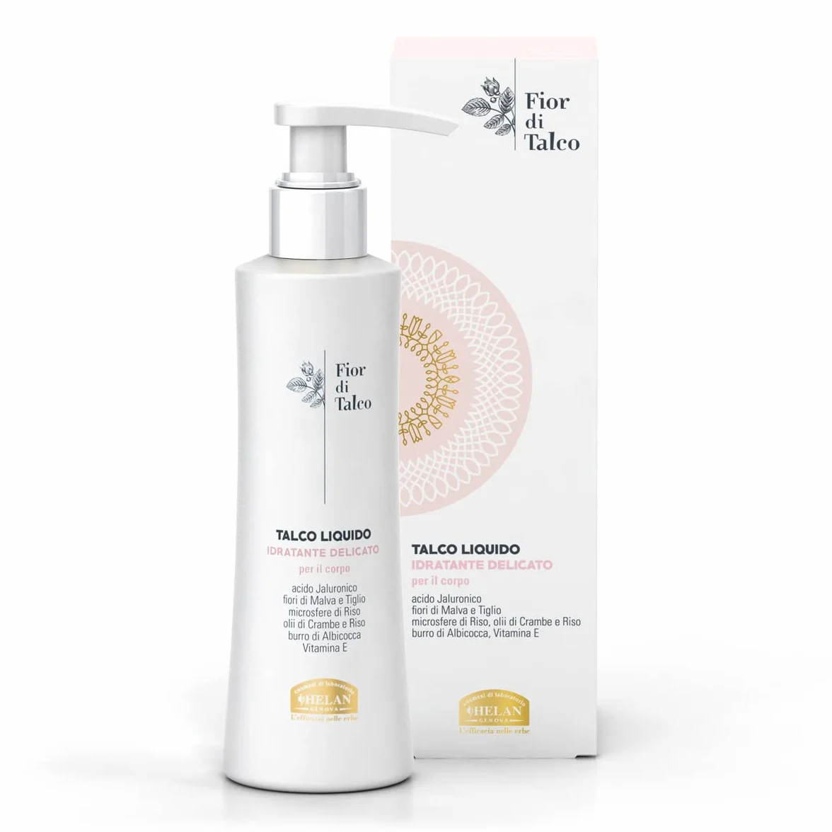 Helan, Fior di Talco, Talco Liquido, Crema Idratante Corpo per Pelle Morbida e Nutriente - Leggera, Fresca, Antiossidante, Non Unge - Arricchita con Acido Ialuronico, Olii e Vitamina E - 200 ml