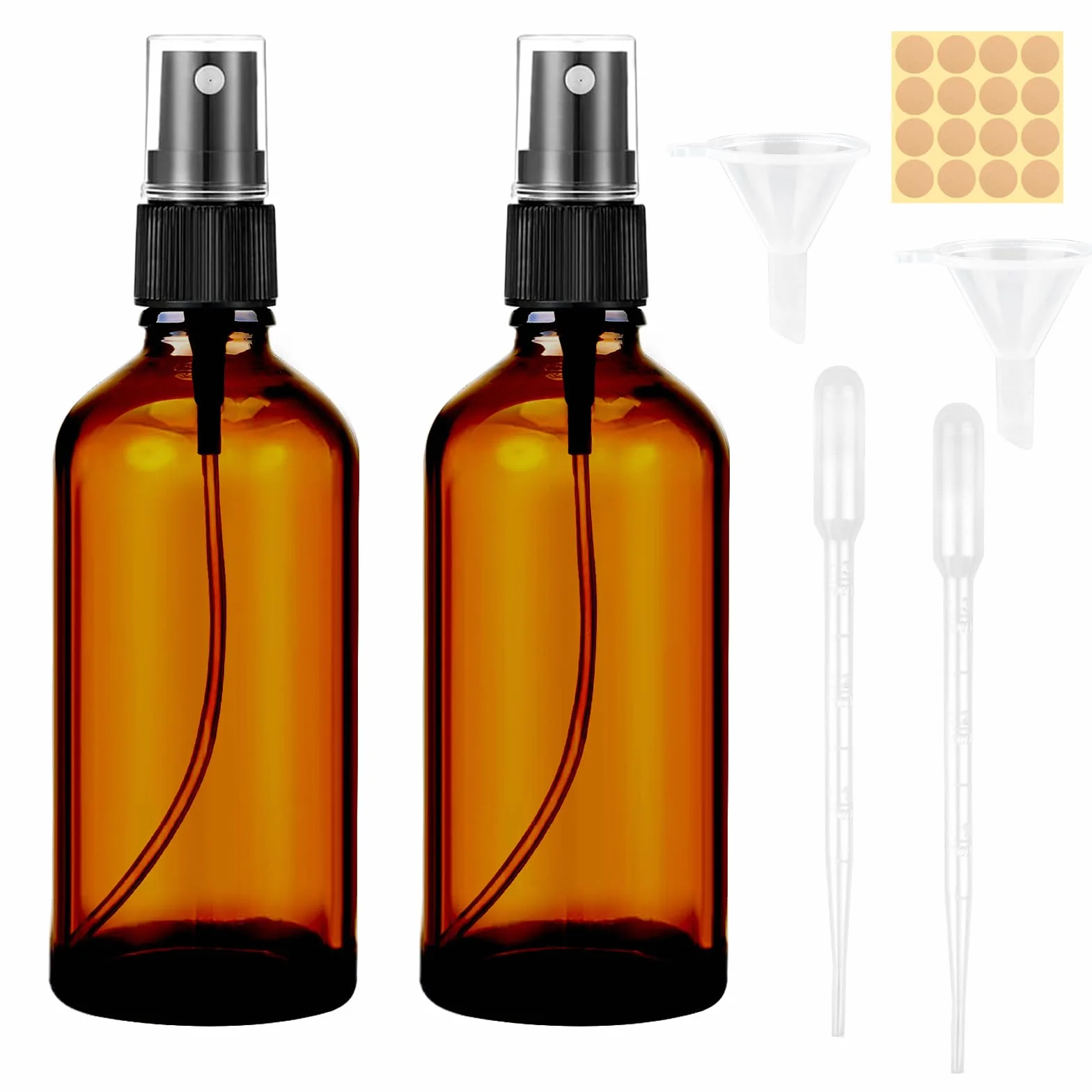 Maxmoc 100 ml, flacone spray in vetro marrone, 2 pezzi, piccolo vetro, nebulizzatore ricaricabile con imbuto, contagocce ed etichette per acqua, alcool, cosmetici, profumi, aromaterapia