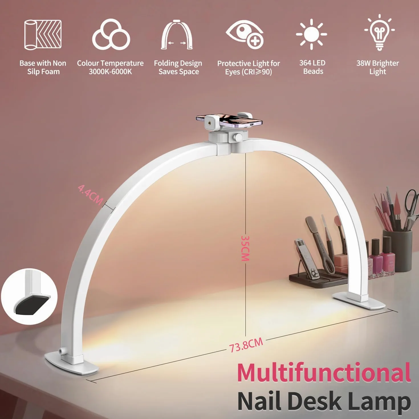 yAyusi Mezza Luna Lampada, 74CM 35W Pieghevole Lampada da Tavolo per Unghie con Supporto per Cellulare, 3 Modalità, 10 Livelli di Luminosità Regolabili, Adatti per Bellezza/Nail Art/Tatuaggio