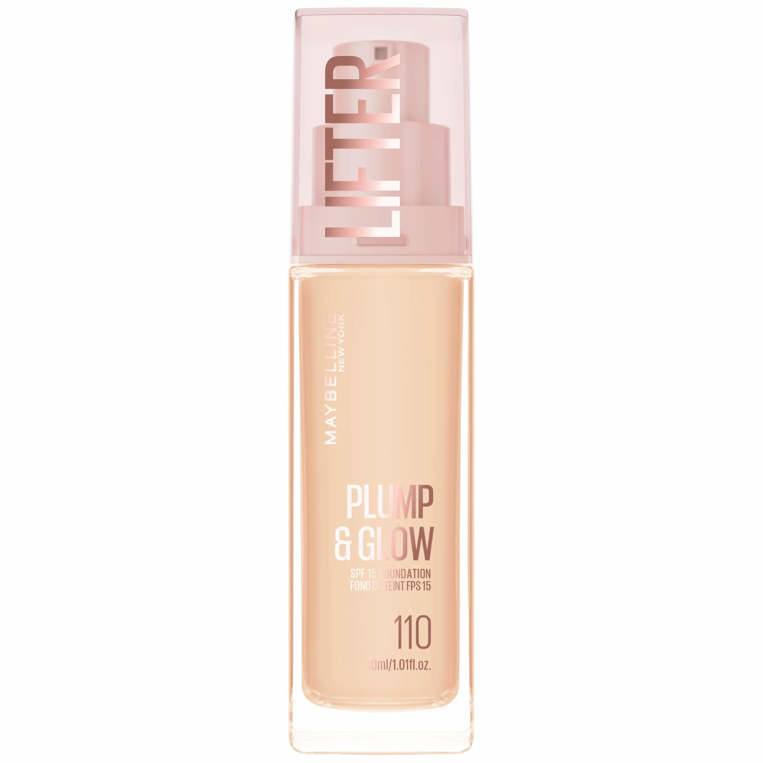 Maybelline New York Fondotinta Illuminante, Per Tutti i Tipi di Pelle, Pelle Rimpolpata e Radiosa, Finish Naturale, Con Acido Ialuronico e Niacinamide, Lifter Plump and Glow, Tonalità: 110, 30 ml