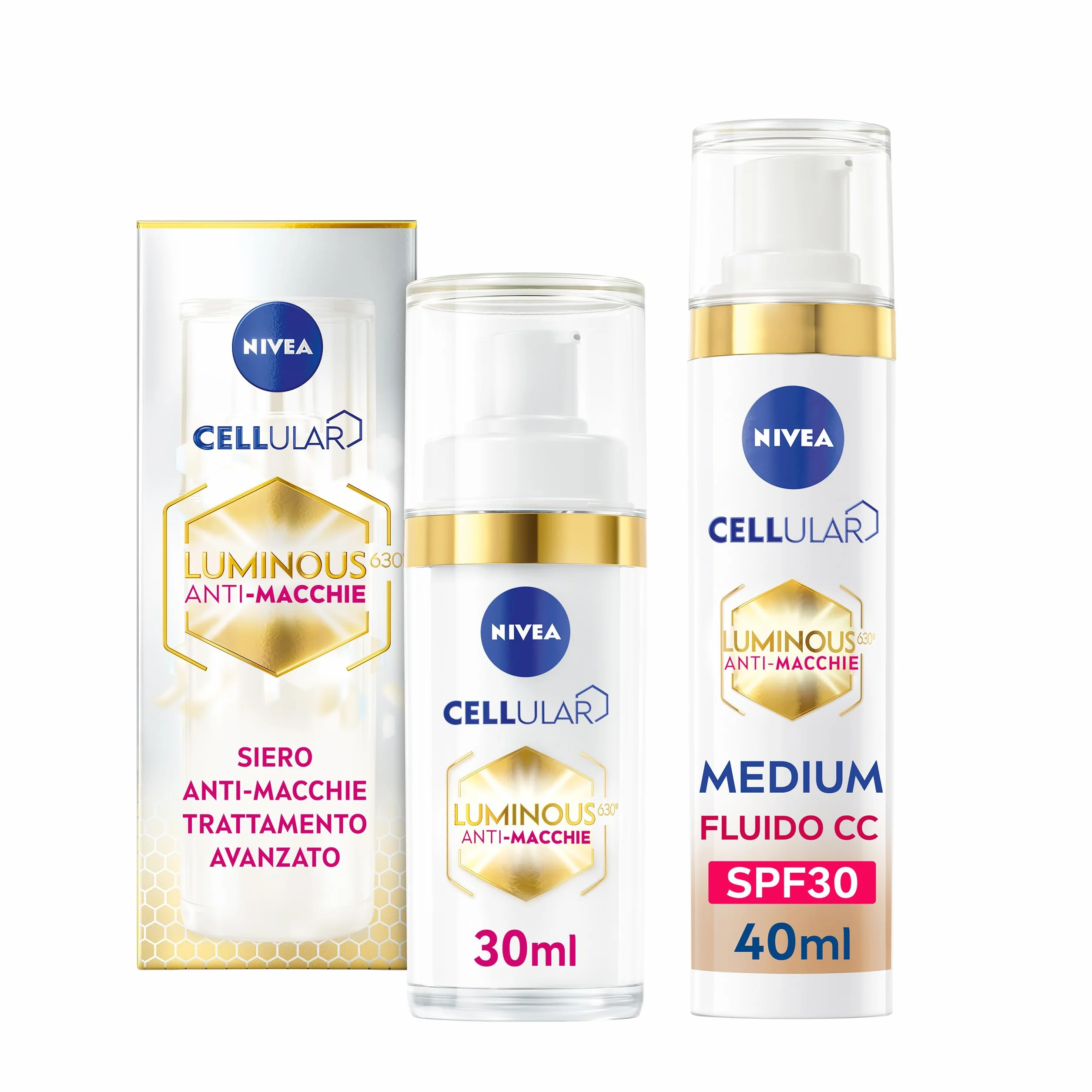 NIVEA Luminous630 Routine, Cofanetto Set Skincare con Siero Viso Trattamento Avanzato 30 ml e Fluido CC Cream SPF 30 3-in-1 Medium 40 ml per la cura completa delle macchie – Kit Esclusiva Amazon
