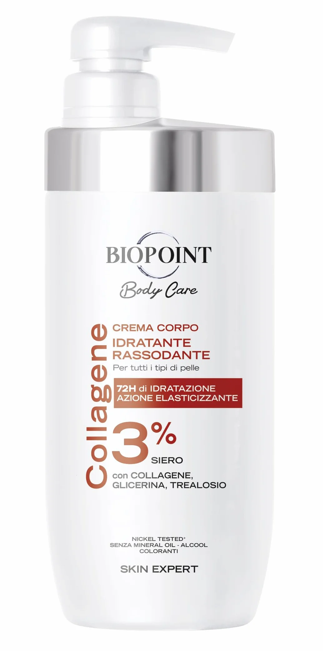 Biopoint - Crema Corpo Idratazione Rassodante, Azione Elasticizzante per tutti i tipi di Pelle, con 3% di Collagene, Dona Luminosità, Morbidezza e Idratazione fino a 72h, 500 ml