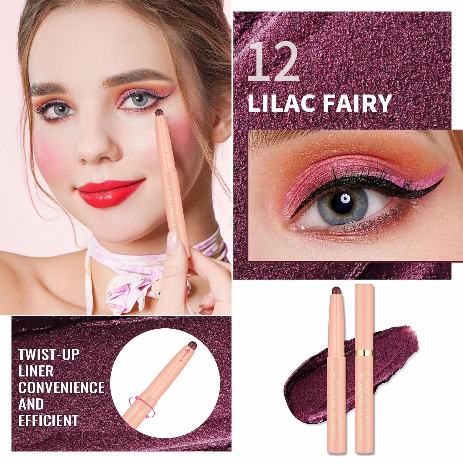 Oulac Matita Ombretto Girevole Viola Finitura Metallica - Impermeabile e a Prova di Sbavature, Dura 16 Ore+, Texture Cremosa e Setosa, Vegan, 12 Lilac Fairy