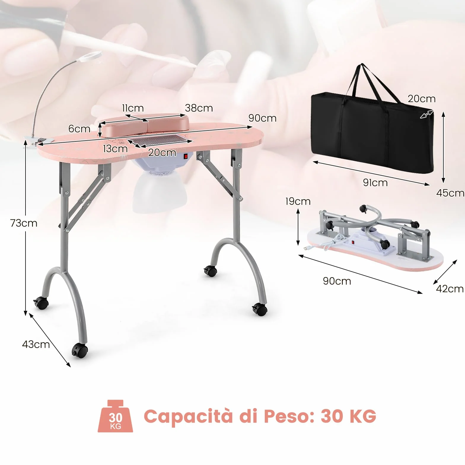 COSTWAY Tavolo per Manicure Pieghevole con Aspiratore, Tavolo per Unghie Portatile con Luce LED Regolabile, Cuscino Poggia Polso Rimovibile, Borsa da Trasporto e 4 Ruote Bloccabili (Rosa)