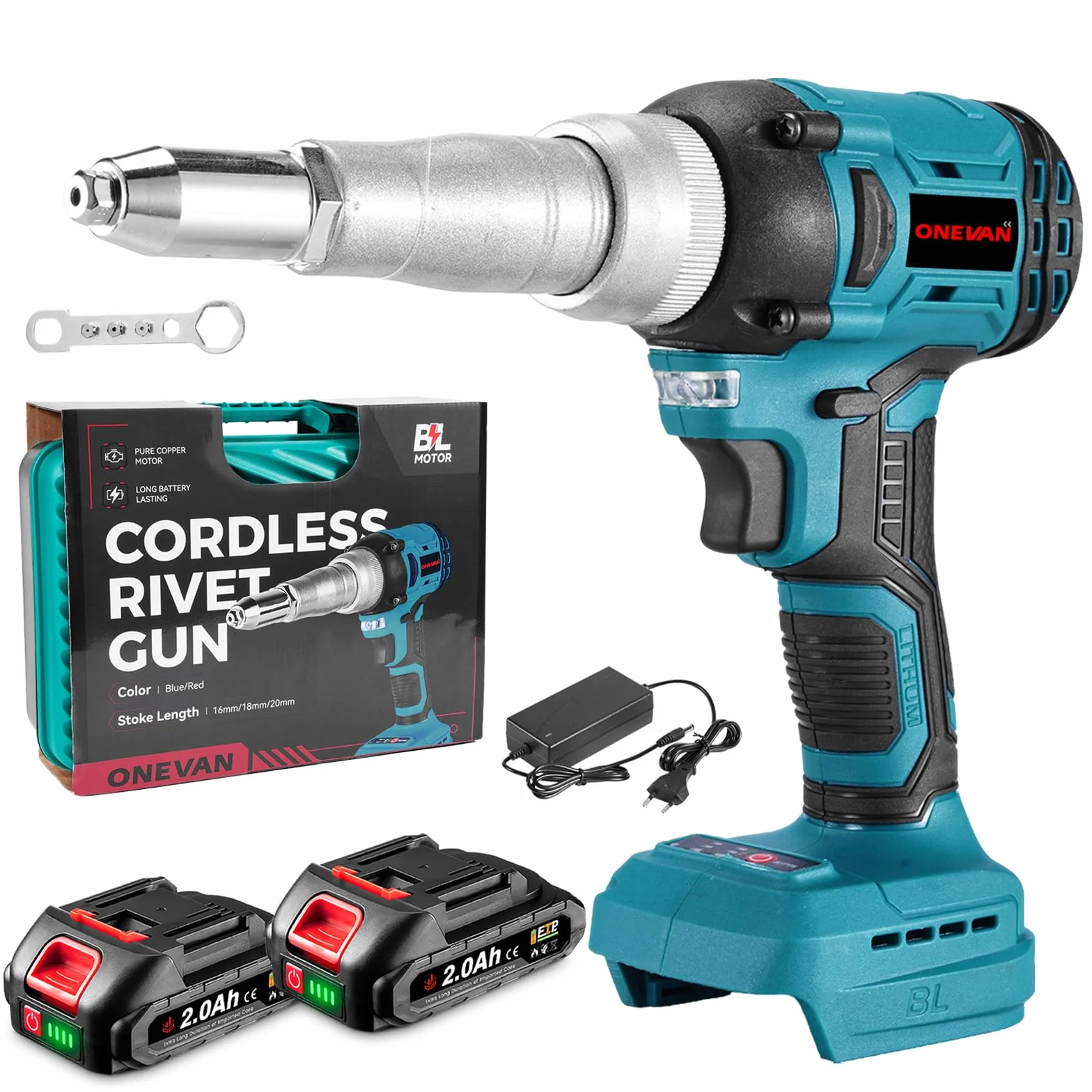 ONEVAN Rivettatrice Senza Fili a Batteria, 20 mm Corsa, 250 Nm Brushless, 5000 giri/min, 2 Batterie, per Alluminio e Rivetti Ciechi Ø 2,4-5,0 mm