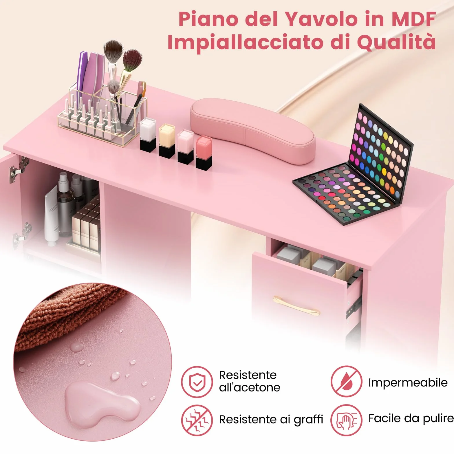 COSTWAY Tavolo per Manicure, Tavolo per Unghie con Cassetti, Cuscino Poggia Polsi e Gambe in Metallo, Stazione per Unghie Estetista Nail Art per Salone di Bellezza (Rosa)