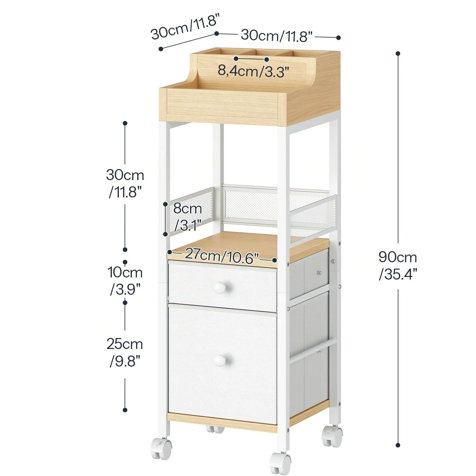 HOOBRO Carrello Portaoggetti per Trucchi con 2 Cassetti in Tessuto, Carrello Porta Trucchi da Bagno con Ruote, Carrellino per Cosmetici e Skincare, Espositore Trucco Bianco e Legno Naturale EWN19TC04