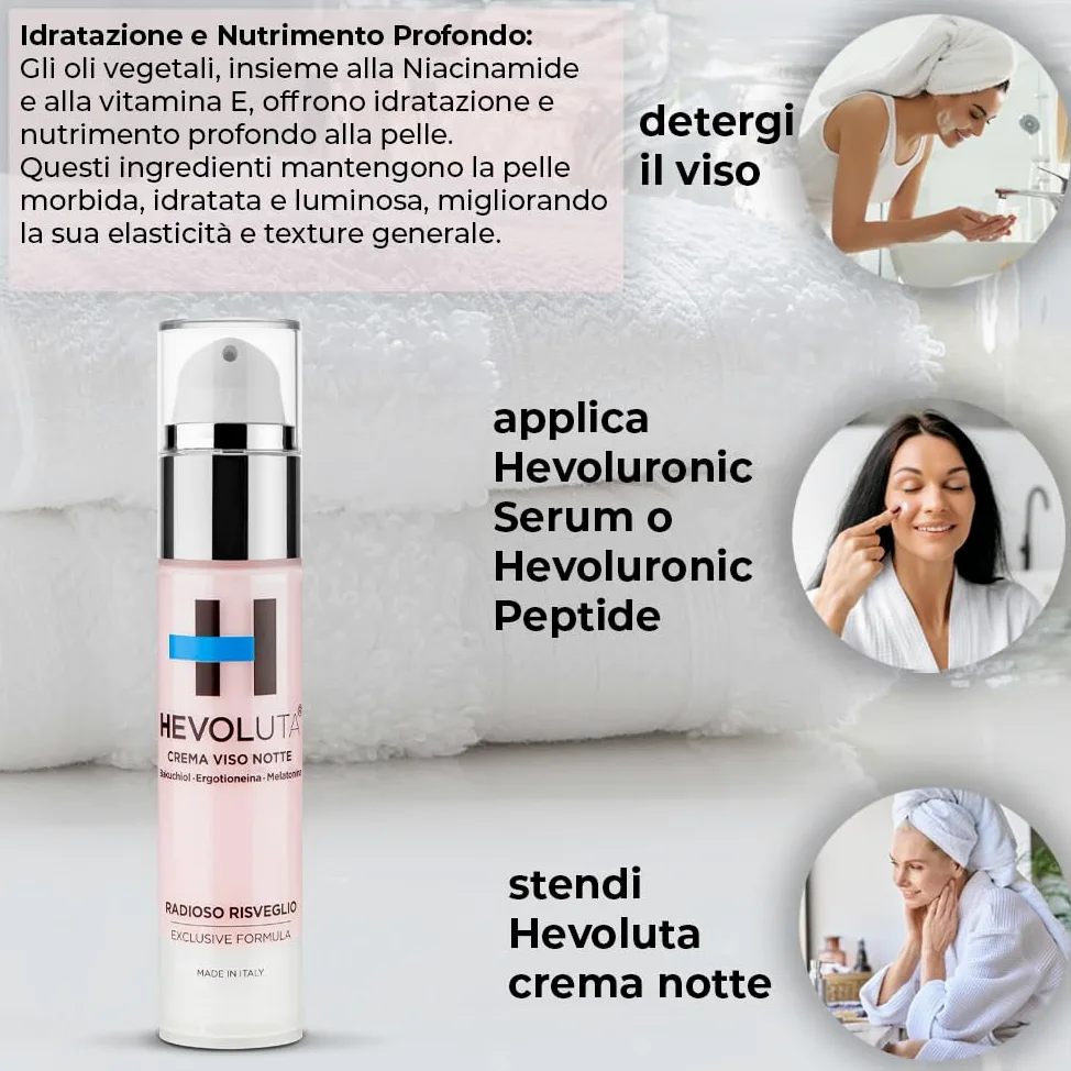 Hevoluta Crema Viso Notte, Antirughe, per Pelli Mature, 50 ml | Idratante Antiage Antimacchia e Lenitiva, con Bakuchiol Melatonina Ergotioneina Niacinamide GABA, Made in Italy
