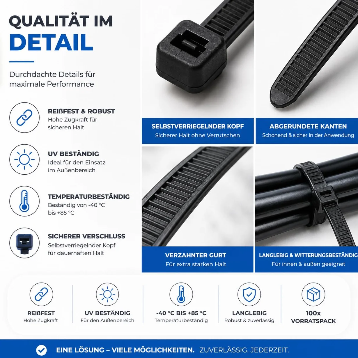 Set di 100 fascette stringicavo nero resistenti agli strappi e ai raggi UV 150 mm x 3,6 mm