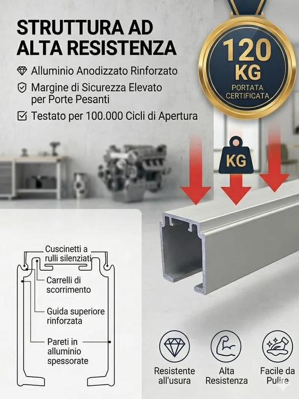 FIP Porte Binario Porta Scorrevole Silver Portata 120 kg Kit Alluminio Anodizzato Fissaggio Soffitto Parete 180 cm