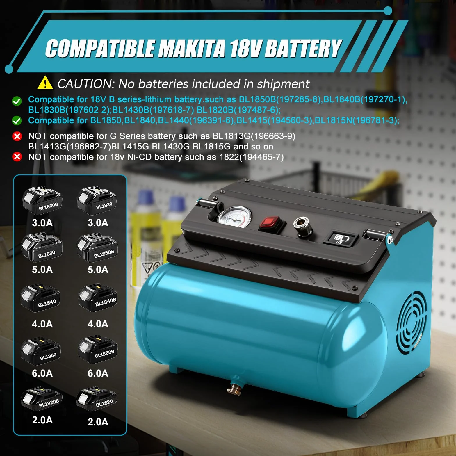 Compressore d'Aria 18V Compatibile Makita, Portatile 8L 8 Bar Senza Olio Brushless