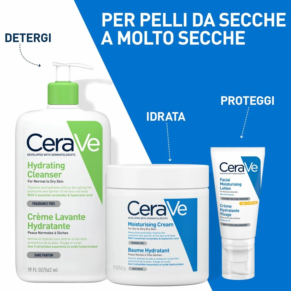 CeraVe Crema Idratante Viso e Corpo, Per Pelli da Secche a Molto Secche, Azione Protettiva e Ripristino della Barriera Cutanea, Con 3 Ceramidi e Acido Ialuronico + Routine Correlate a Questo Prodotto