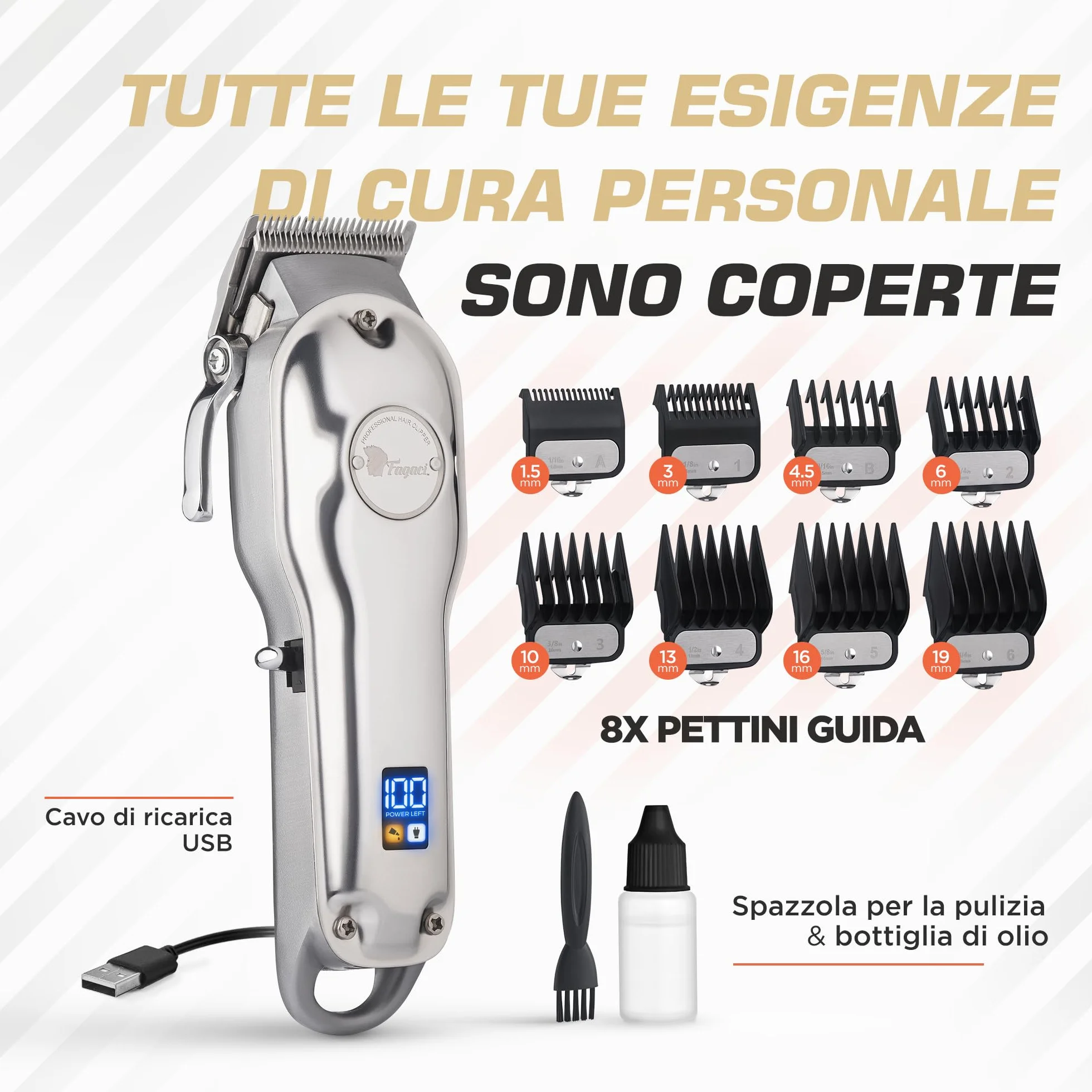 Fagaci Tagliacapelli Professionali con Taglio Estremamente Fine, Tagliacapelli Cordless per Uomo, per Barbiere, per Kit Taglio Capelli, Elettrico, Maquina de Cortar Cabello