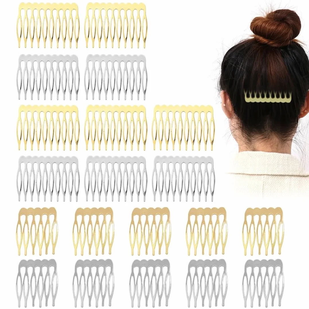 20 Pezzi Pettini Laterali in Metallo 10 & 6 Denti, pettinini per Velo, Lato per Capelli per Capelli da Donna Francese con Denti per Accessori per Capelli con Clip per Chignon Argentato & Oro