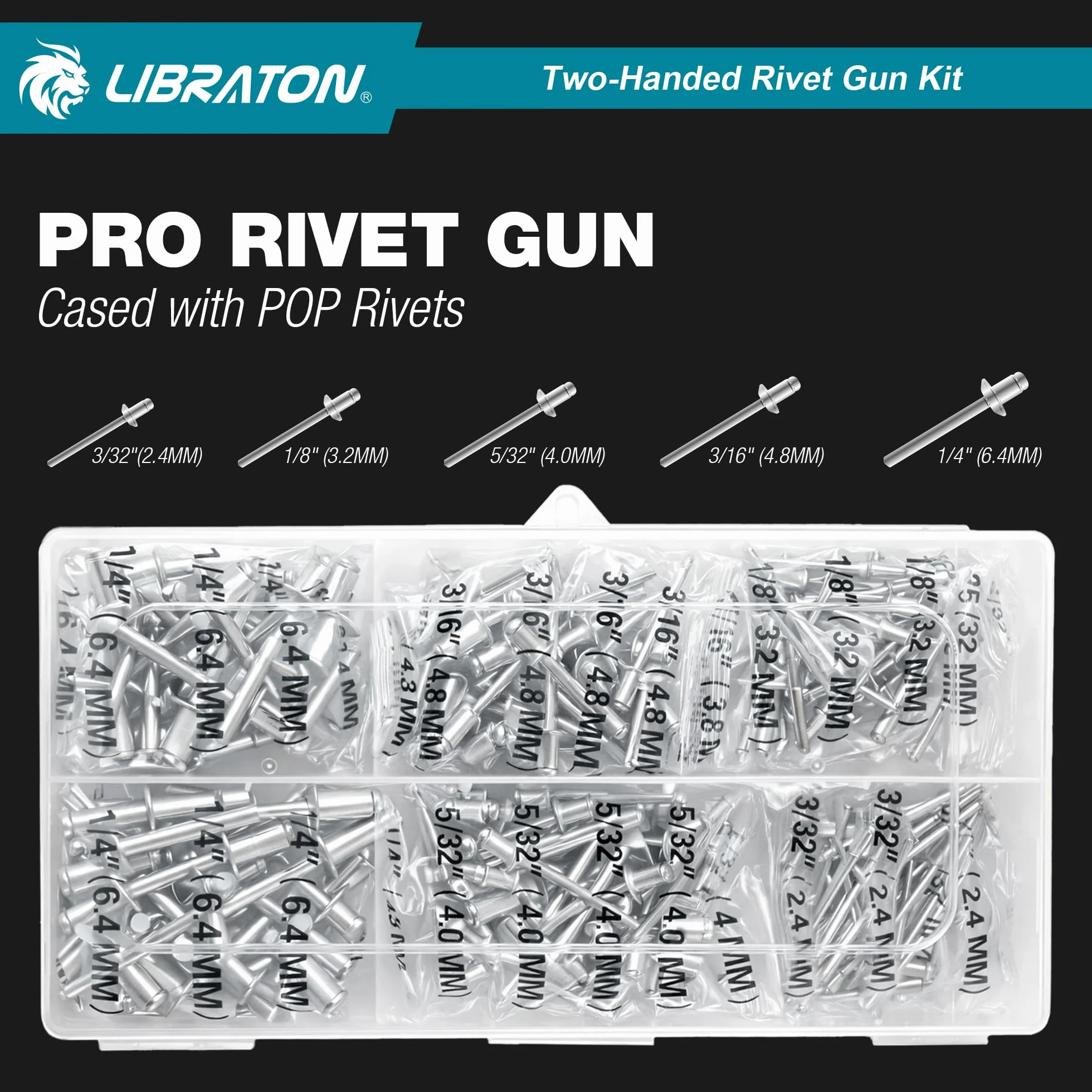LIBRATON Rivettatrice Manuale a Due Mani Professionale con 250 Rivetti e 5 Ugelli Intercambiabili