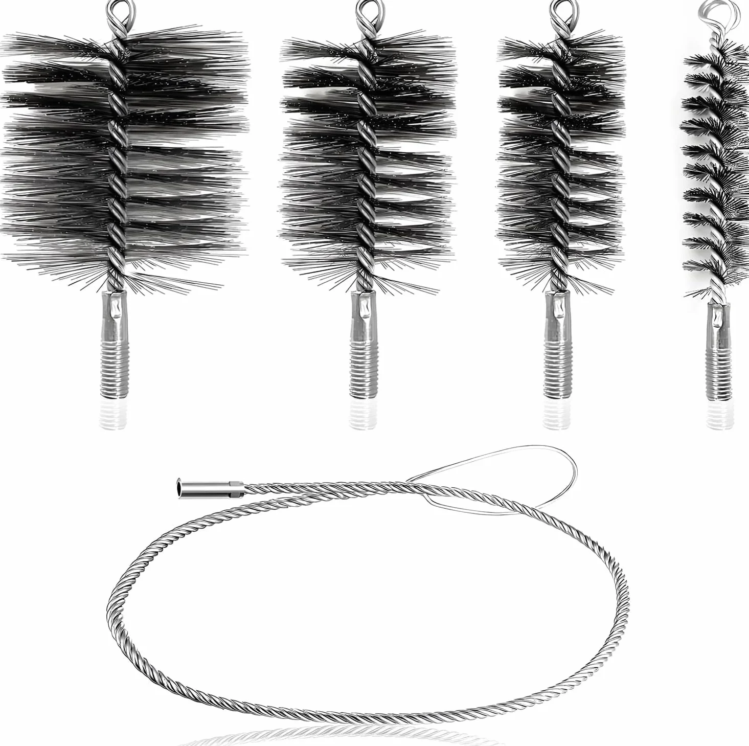 Kit Pulizia Canna Fumaria 5 Pezzi Spazzole Tubo Stufa Pellet Camino Legna Filo Acciaio 30/50/80/150 mm