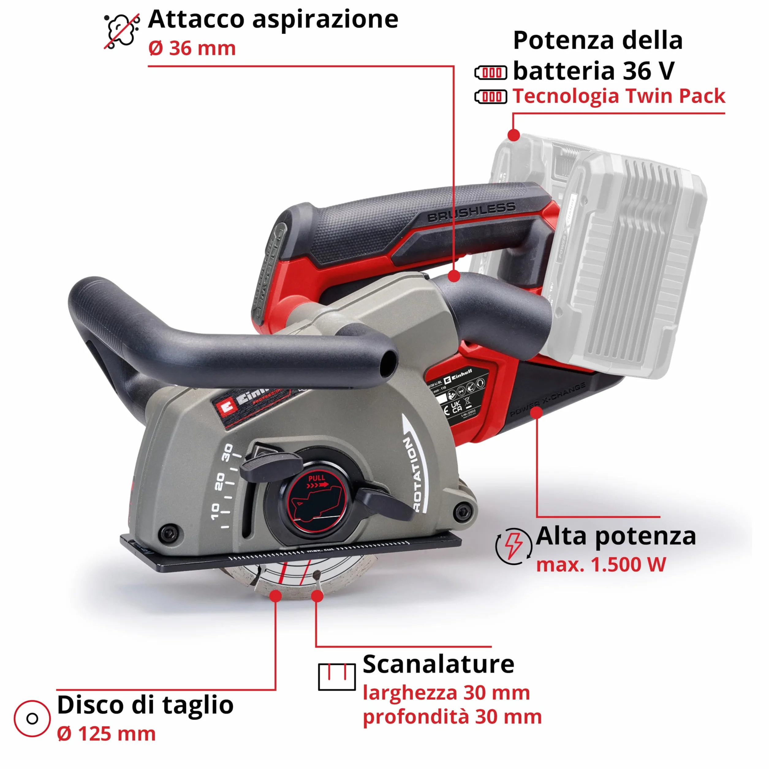 Einhell Professional TP-MA 36/30 Li BL-Solo Power X-Change Scanalatore 36 V 1500 W larghezza di taglio 30 mm profondità di taglio 30 mm
