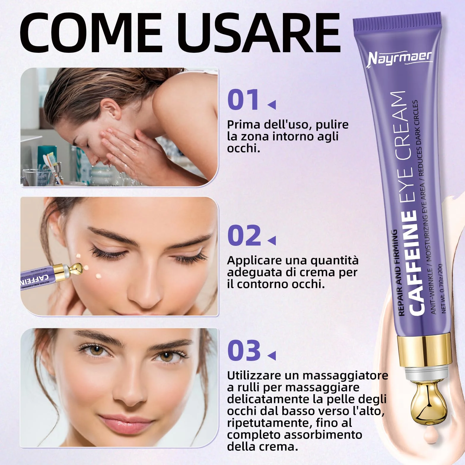 Crema Contorno Occhi alla Caffeina 20g, Riduce le Occhiaie e il Gonfiore, Contiene Niacinamide e Acido Ialuronico, Idratante, Adatta a Tutti i Tipi di Pelle