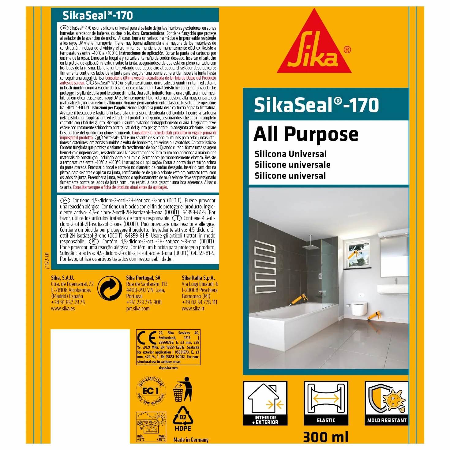 Sigillante siliconico universale SikaSeal-170 Bianco 300ml impermeabile antimuffa UV