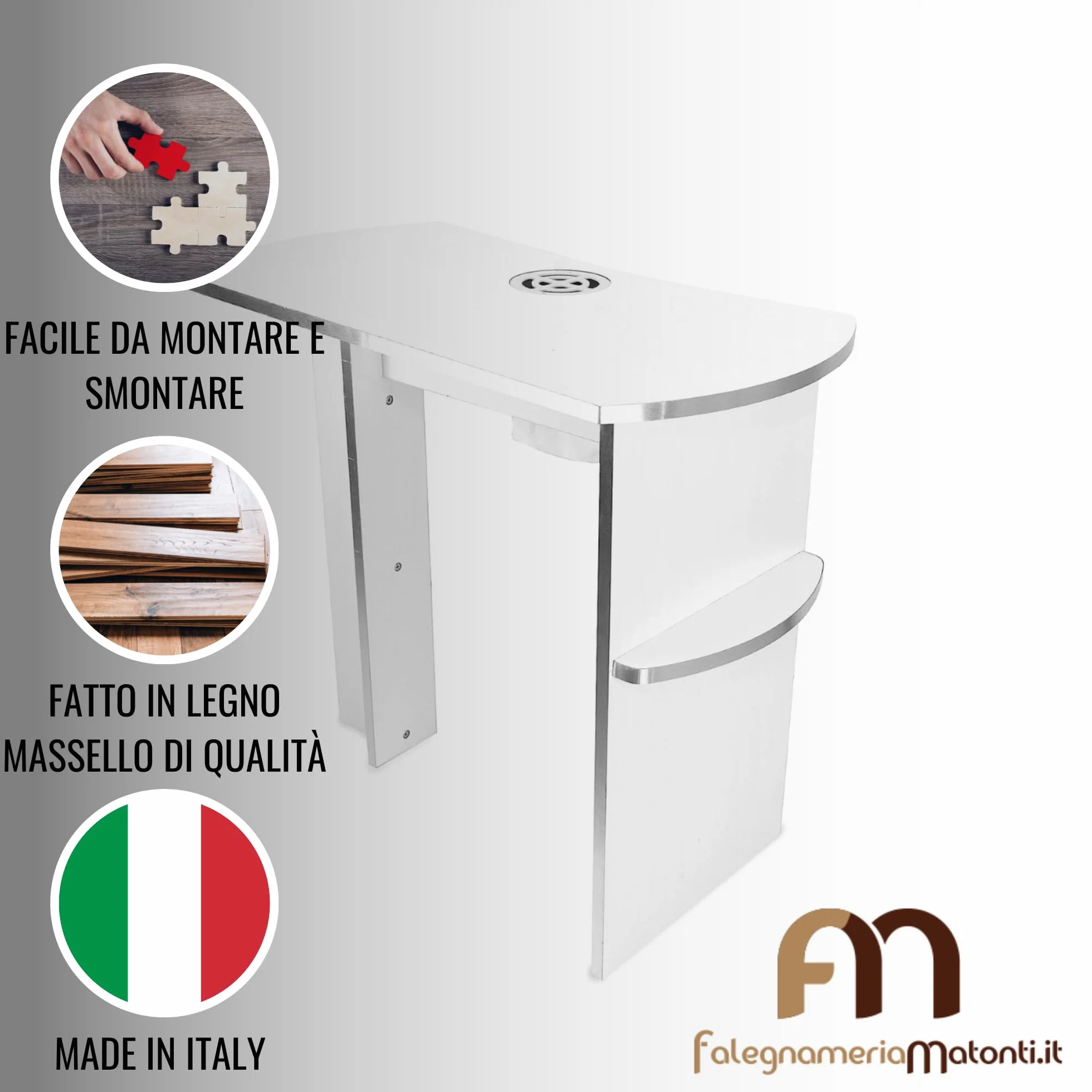 Matonti - Tavolo Manicure Professionale per Unghie con Aspiratore Elettrico e intarsi in acciaio - Ideale per Nail Art Ricostruzione Unghie, + Aspiratore per Polveri - Made in Italy, in Legno Bianco