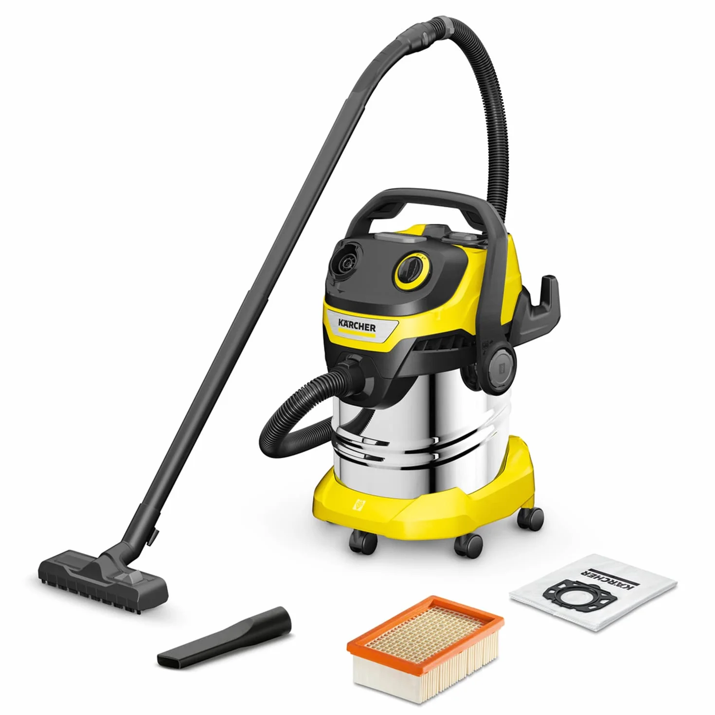 KÄRCHER WD 5 S V-25/5/22 aspiratore solidi liquidi 1200 W contenitore acciaio inox 25 l tubo aspirazione 2,2 m funzione soffiante filtro vello pulizia automatica filtro
