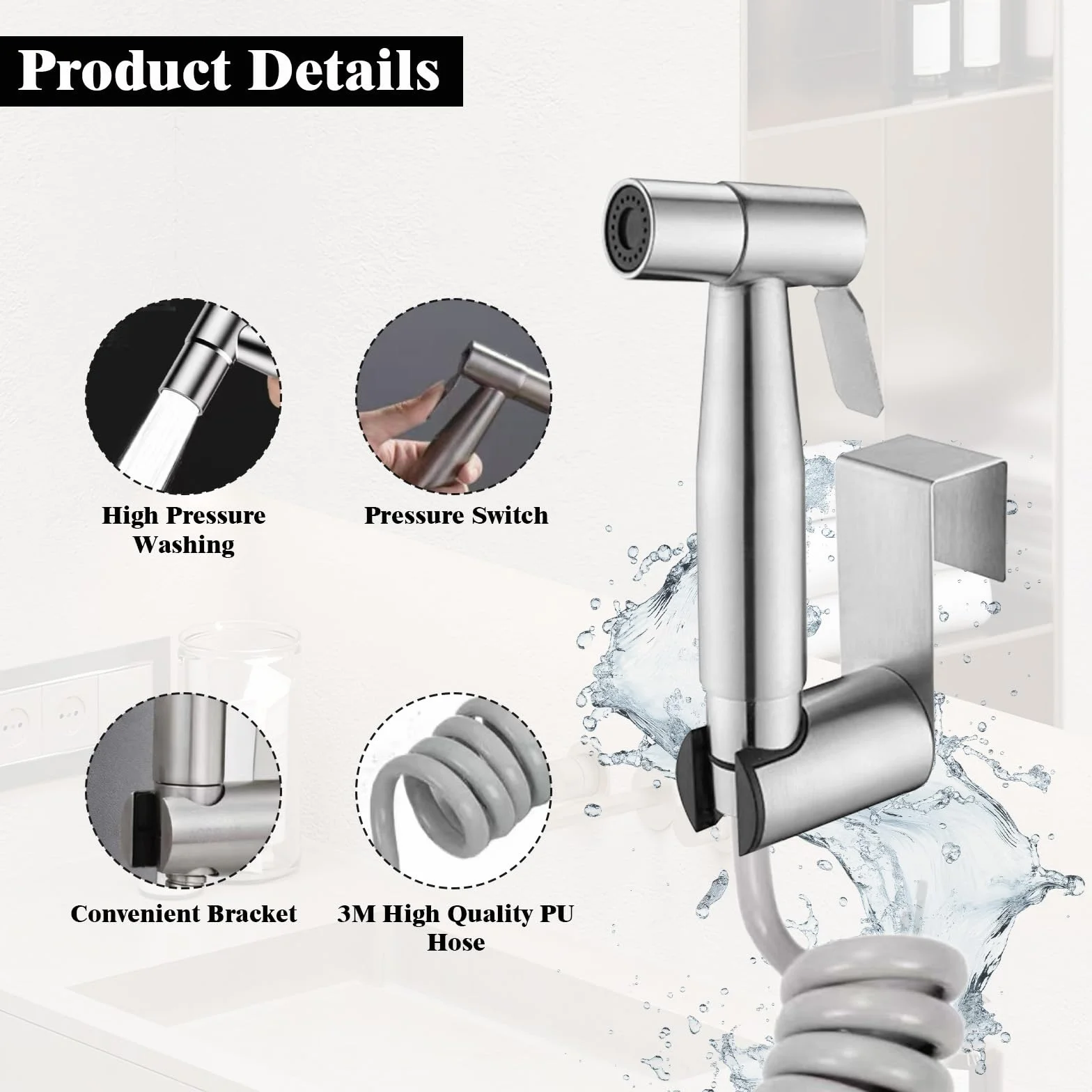 Doccetta per Bidet Kit, Doccino in Inossidabile, Spruzzatore WC con Tubo Flessibile 3M, Argento
