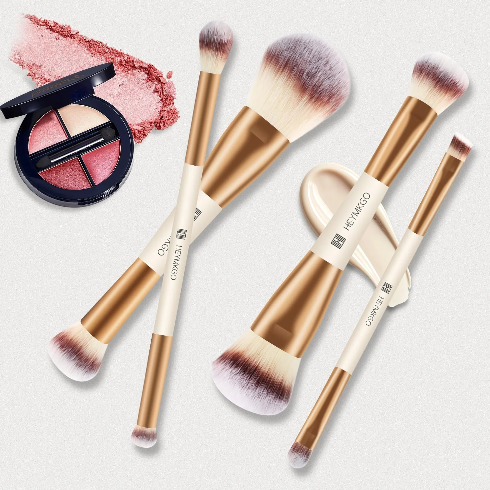 HEYMKGO Pennello Fondotinta 4 pezzi Pennello a doppia estremità 2-in-1 Pennelli Make Up Kabuki Pennello Professionale Fondotinta Cipria Fard Correttore Ombretto liquidi Crema pennello contouring viso