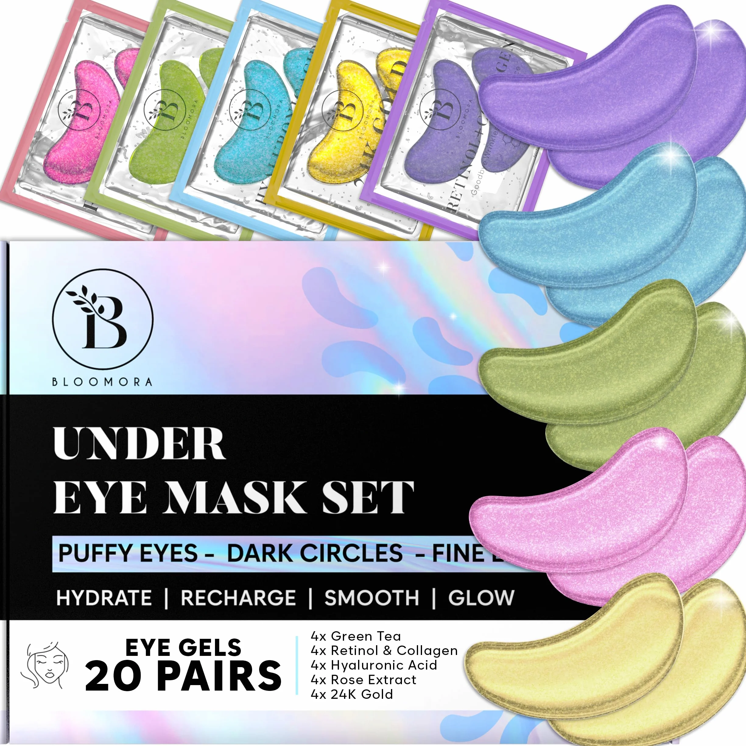 BLOOMORA Patch Occhi (20 paia, mix varietà), Maschera Occhi con Retinolo, 24K Oro, Rosa, Acido Ialuronico e Niacinamide, Eye Patch Occhiaie e Borse, Maschera Occhiaie Rinfrescante e Lenitiva