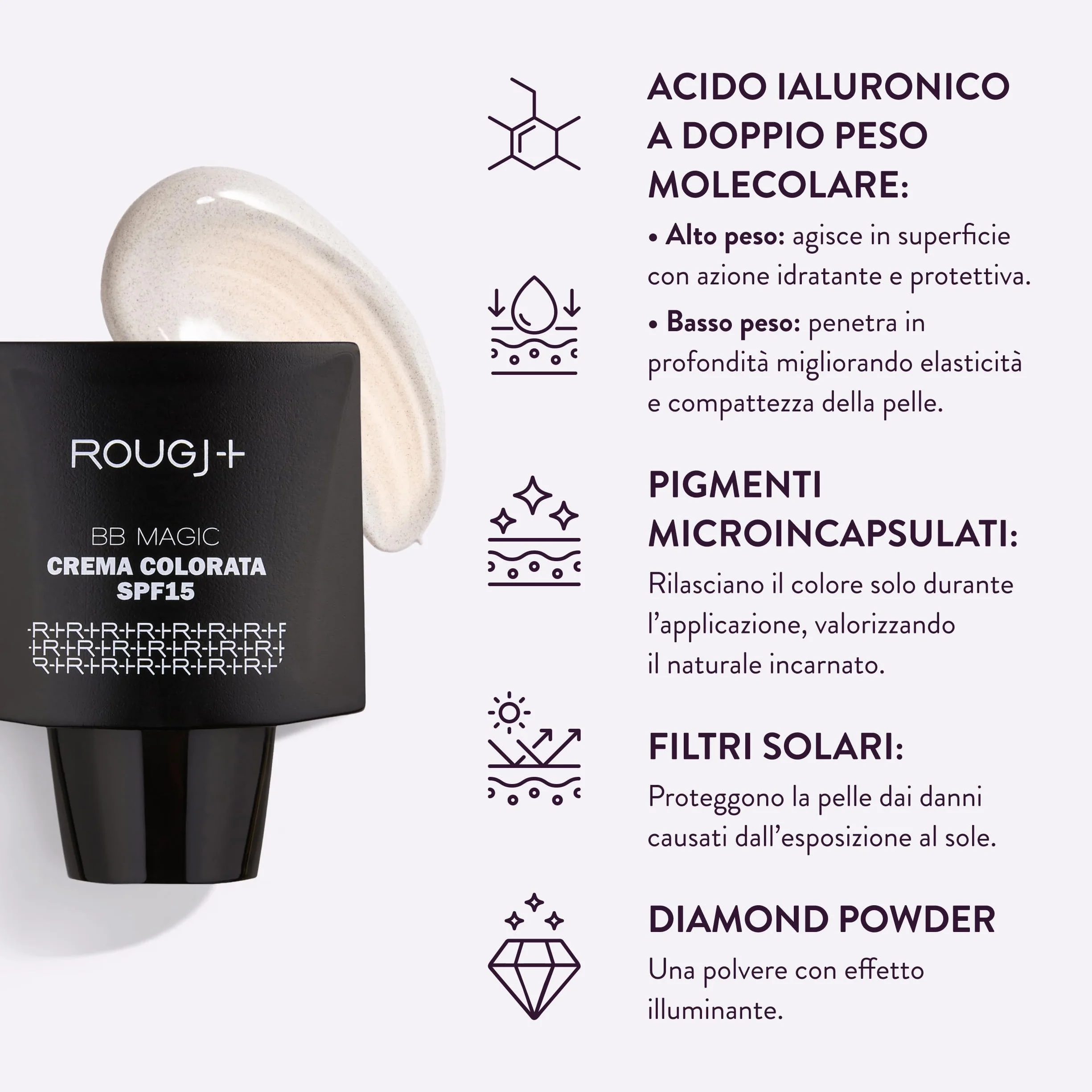 Rougj BB Magic SPF 15 - Crema Colorata Con Acido Ialuronico E Diamond Powder Uniforma Il Tono Idrata Protegge Dai Raggi UV Texture Leggera Auto Adattiva 25 ml - Made In Italy