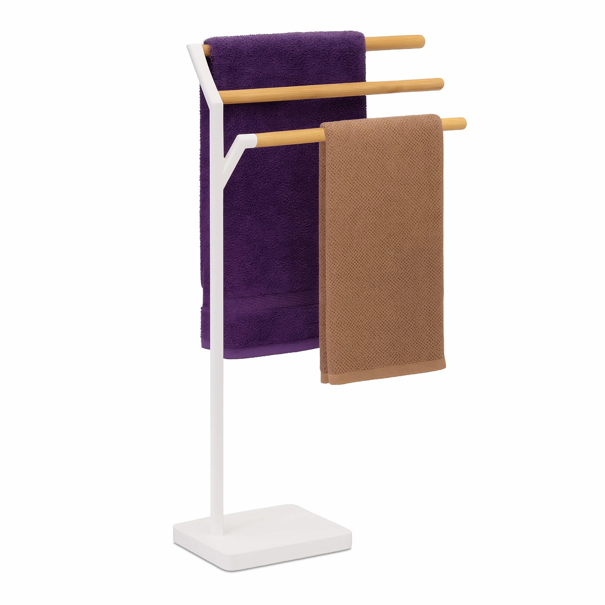 Relaxdays Portasciugamani a 3 Bracci Sfalsati Piantana da Bagno 75x38,5x18 cm Ferro Bambù Bianco