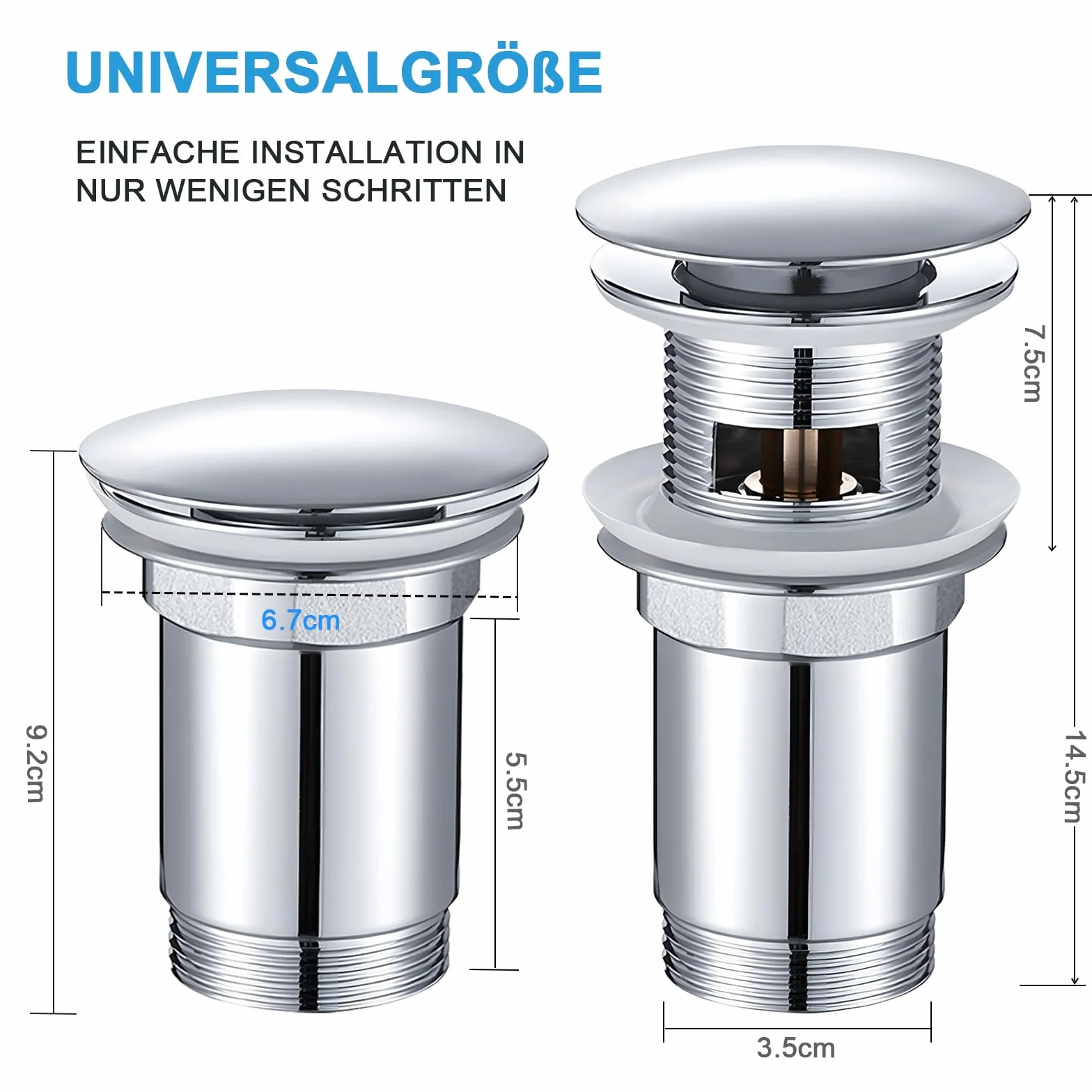 Piletta Lavabo con Troppopieno in Acciaio Inox, Valvola Pop-Up Universale per Lavandino