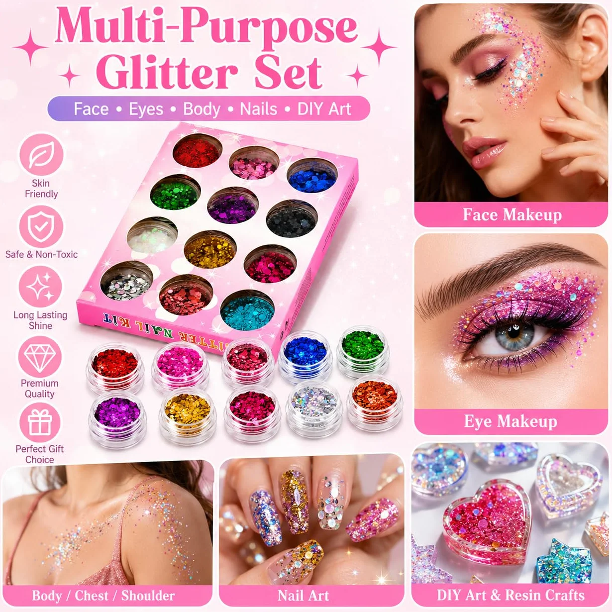 Paillette Brillanti per Viso 12 Colori, Paillette Cosmetiche Multicolori per Occhi, Capelli, Corpo, Unghie, Decorazioni per Feste e Creazioni Artistiche Fai da Te