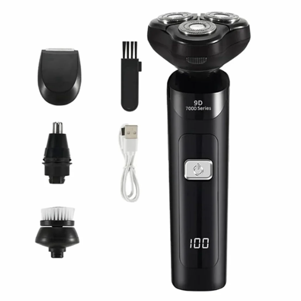 Rasoio elettrico Display digitale LCD a tre teste galleggiante ricaricabile intelligente rasoio impermeabile ricarica tipo C nero