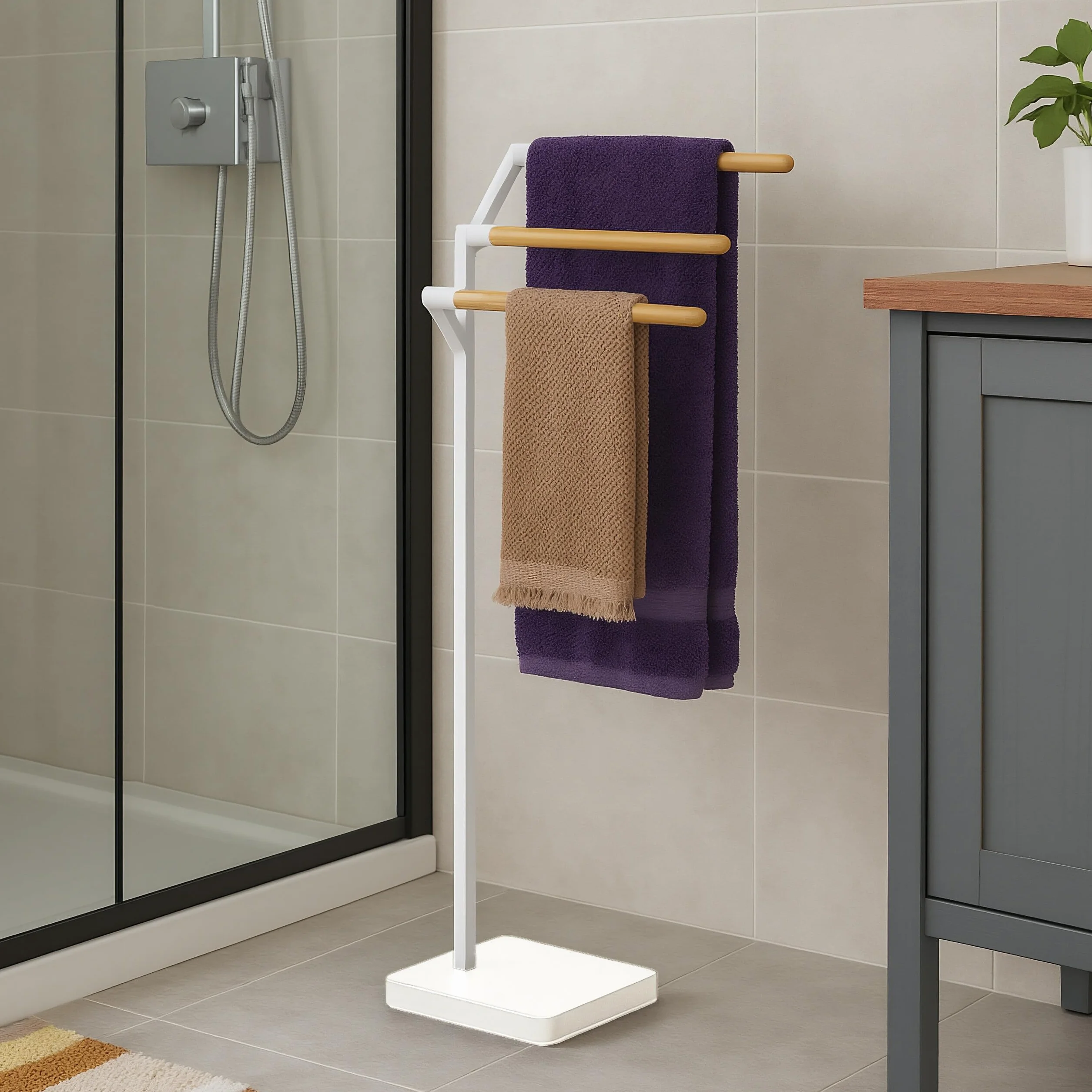 Relaxdays Portasciugamani a 3 Bracci Sfalsati Piantana da Bagno 75x38,5x18 cm Ferro Bambù Bianco