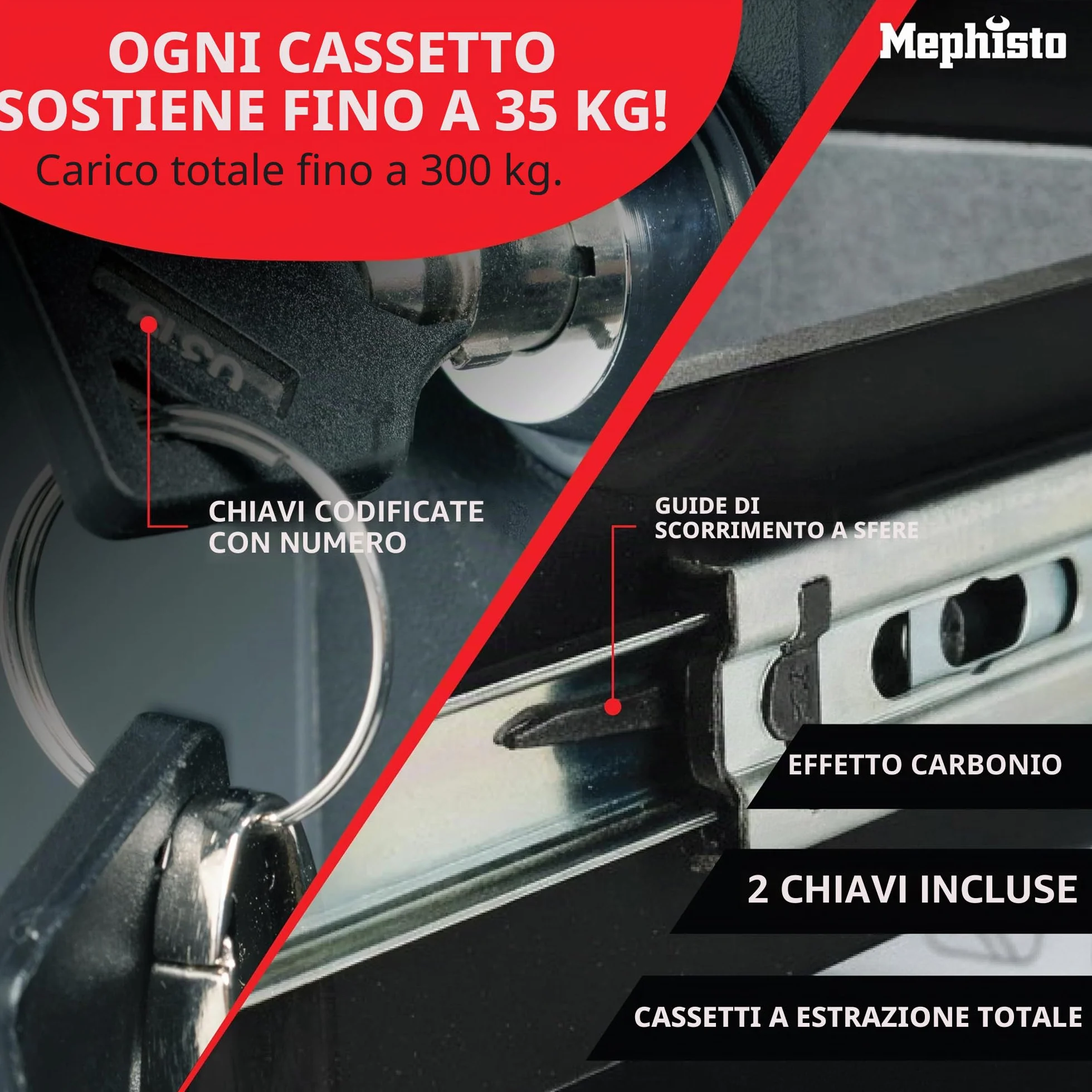 Mephisto XXL Carrello degli attrezzi 7 cassetti inserti morbidi carbonio set chiavi a brugola