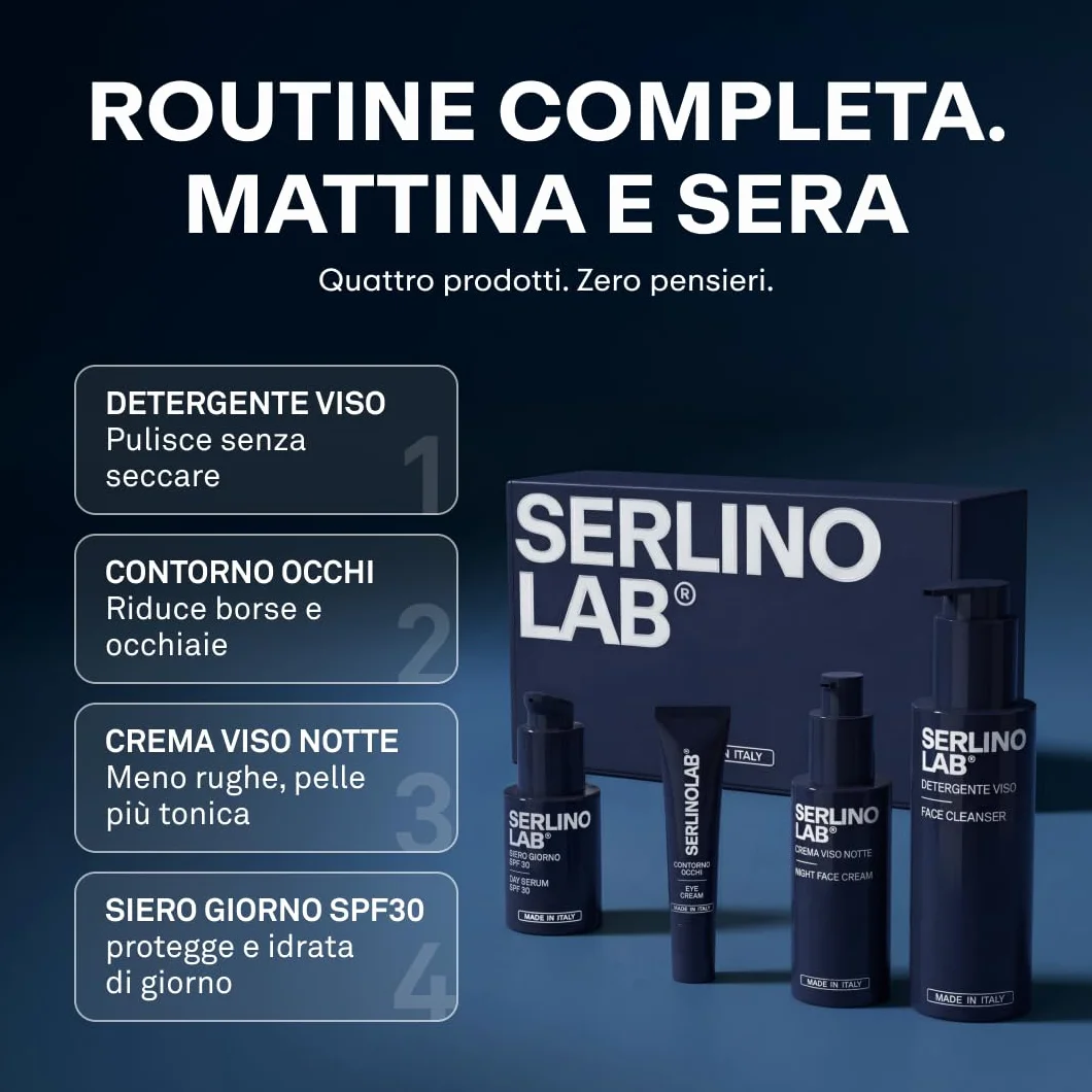SERLINO LAB Kit completo Skincare Antirughe, Detergente, Contorno Occhi, Siero Giorno SPF30, Crema Notte, tutto made in italy