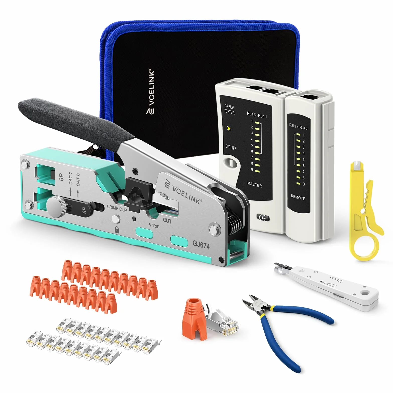 VCELINK Set di Pinze Crimpare RJ45, Kit Crimpatrice Ethernet per Cavo CAT7/CAT6A/CAT6/CAT5E, 20PCS Connettori RJ45 Passante, Tester Lan, Borsa
