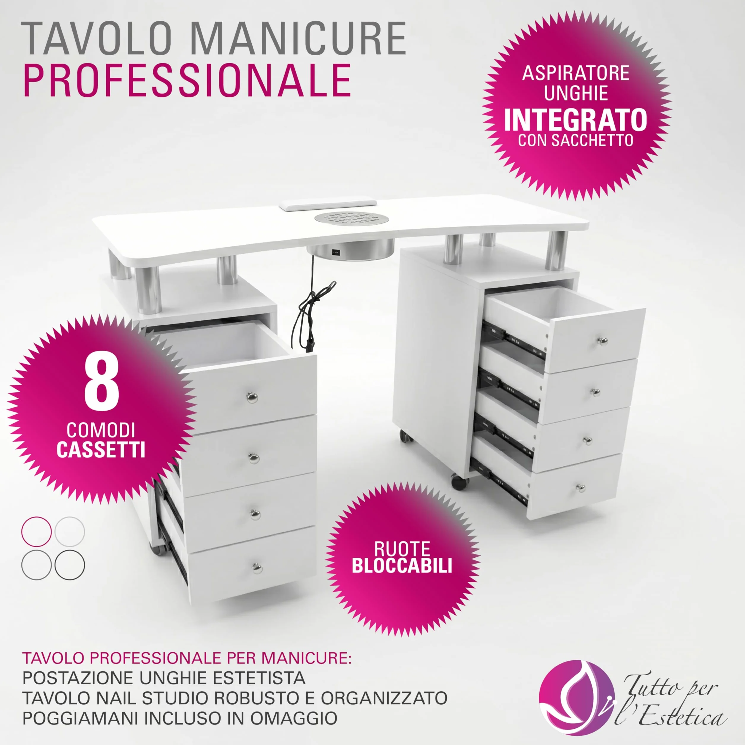 Tavolo Manicure + Aspiratore Professionale Filtro Tondo, Con 8 Cassetti – Postazione Unghie Estetista con Ruote Bloccabili, Poggiamani Incluso, Tavolo Nail Studio Robusto e Organizzato, 122x48x77 cm