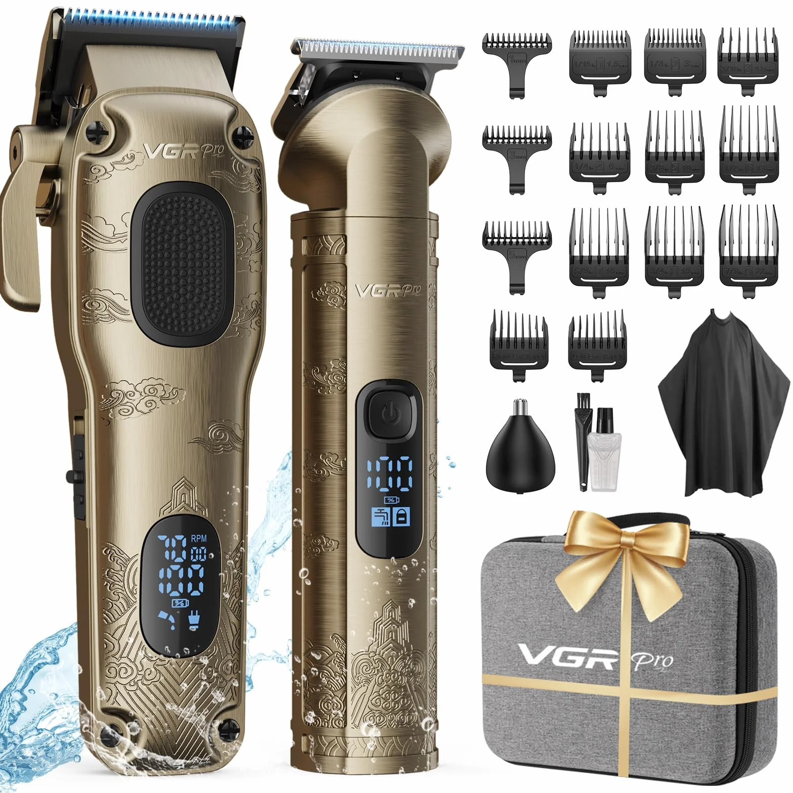 VGRPRO Tagliacapelli uomo professionale, Tagliacapelli Senza Fili per Macchinetta per Capelli, set di Capelli Trimmer e Taglia capelli uomo elettrico Con confezione (Oro)
