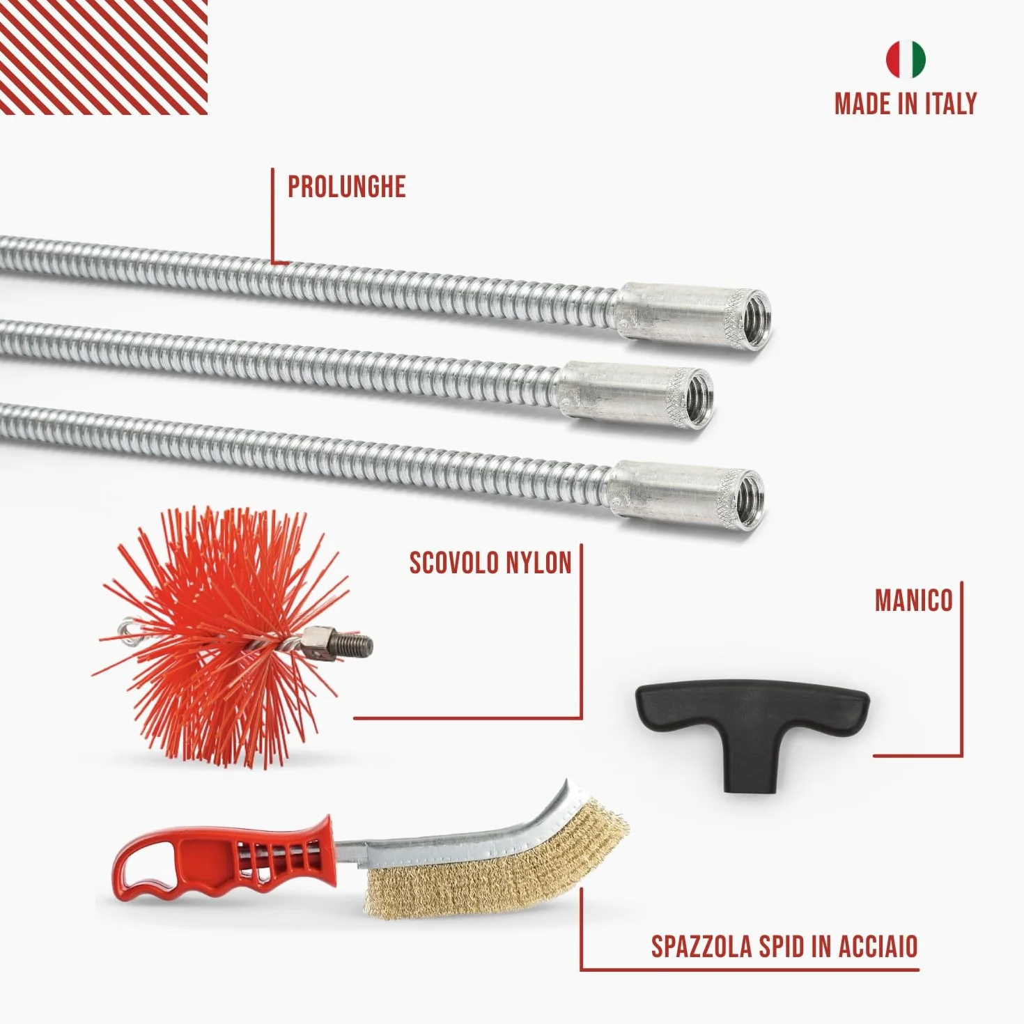 BARETTO Kit Pulizia Camino Canna Fumaria FLEX Ø 130 mm Prolunghe Molla 3 m Curvatura 90° Scovolo Nylon Attacco M12