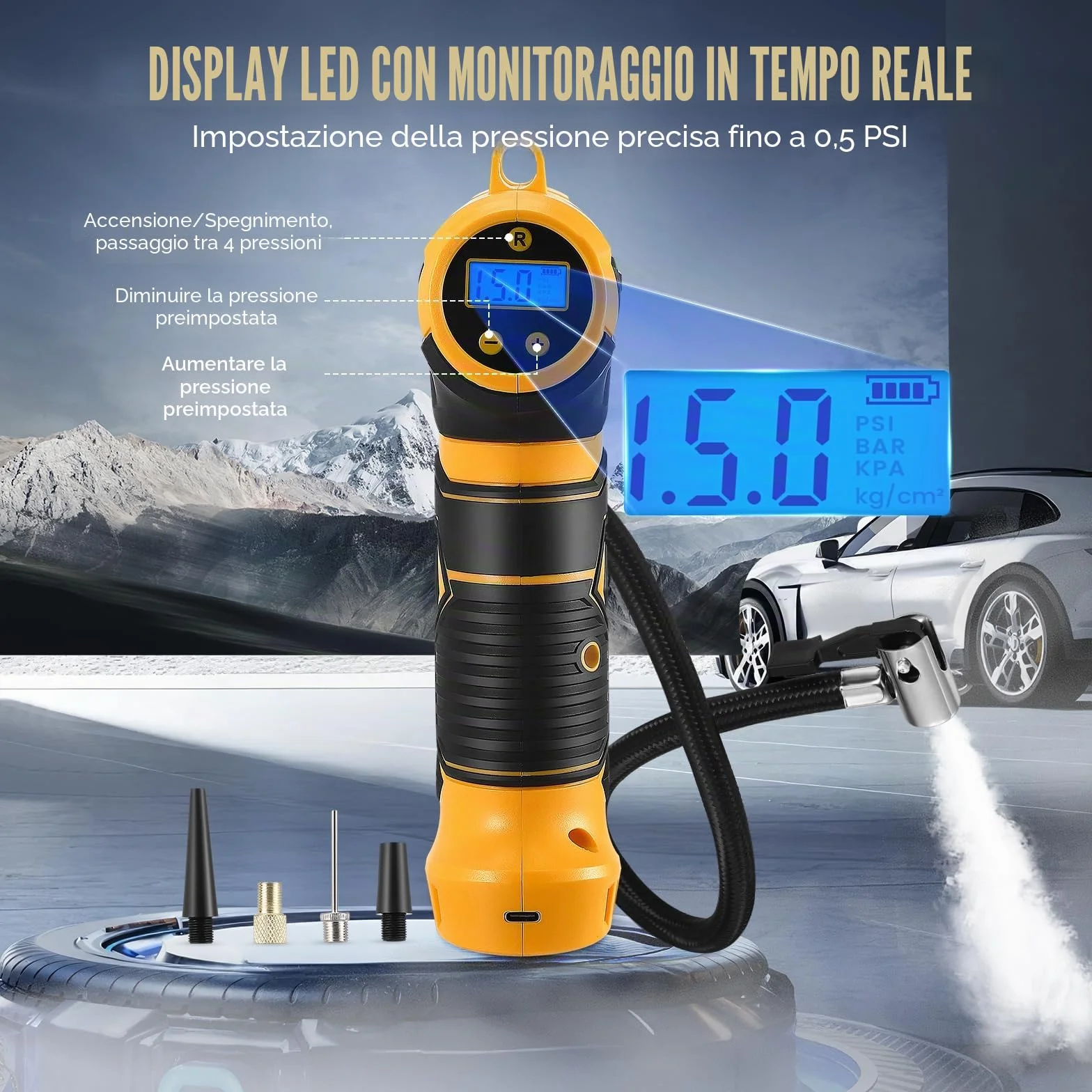 Pompa ad Aria Elettrica Compressore a Batteria per Bicicletta, Portatile, Display Digitale, Spegnimento Automatico, USB-C