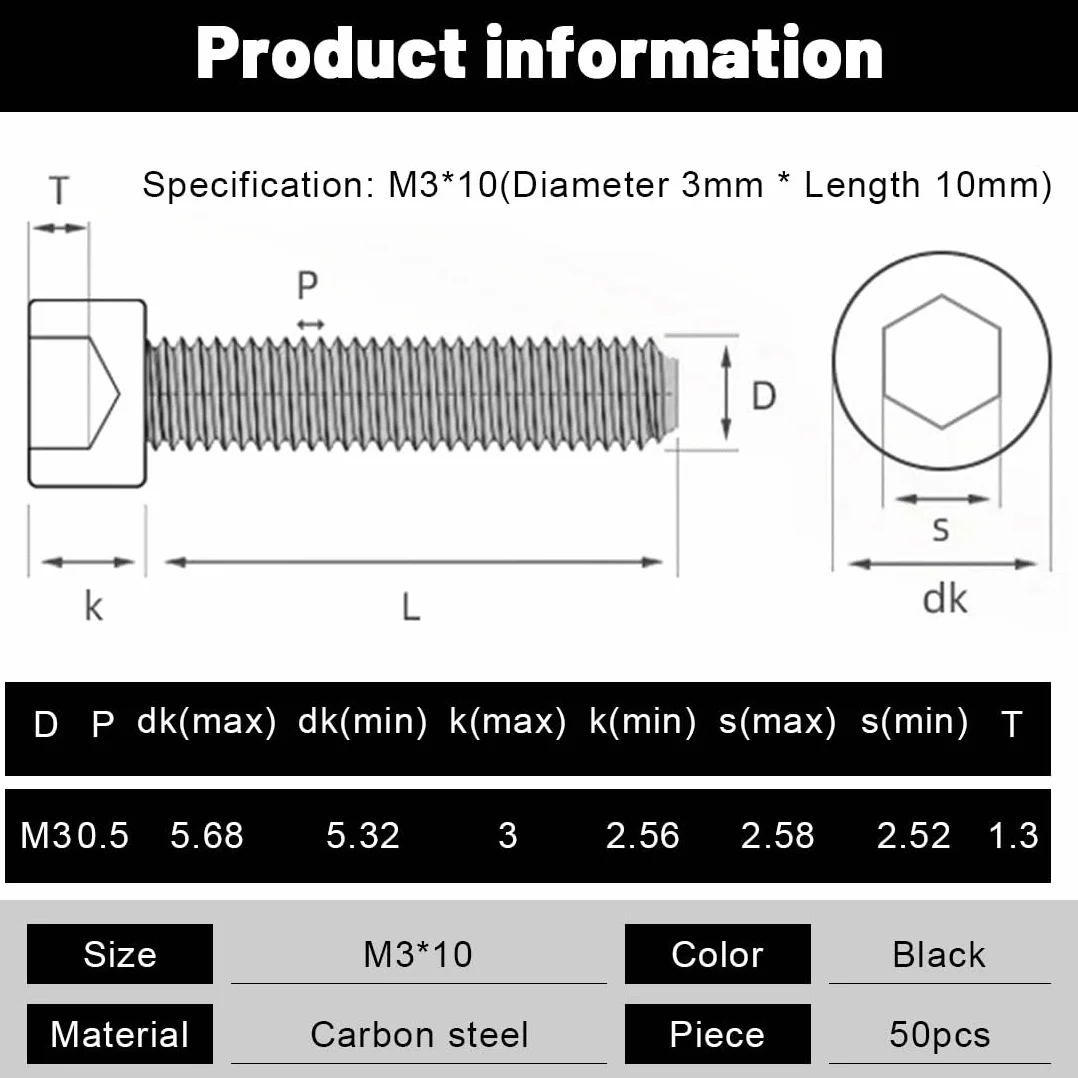 Set di 50 viti esagonali M3 x 10 mm per metalli