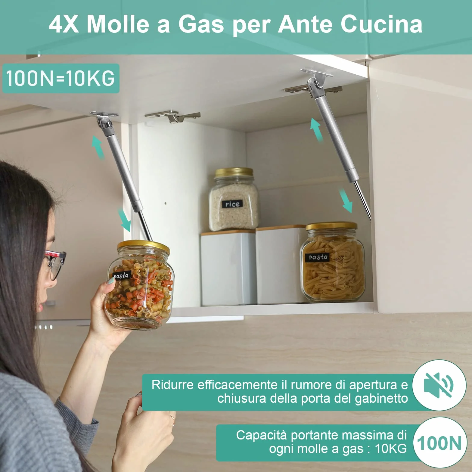 Ammortizzatori Molle a Gas per Ante Cucina 100N Pistoni 4 Pezzi Argento