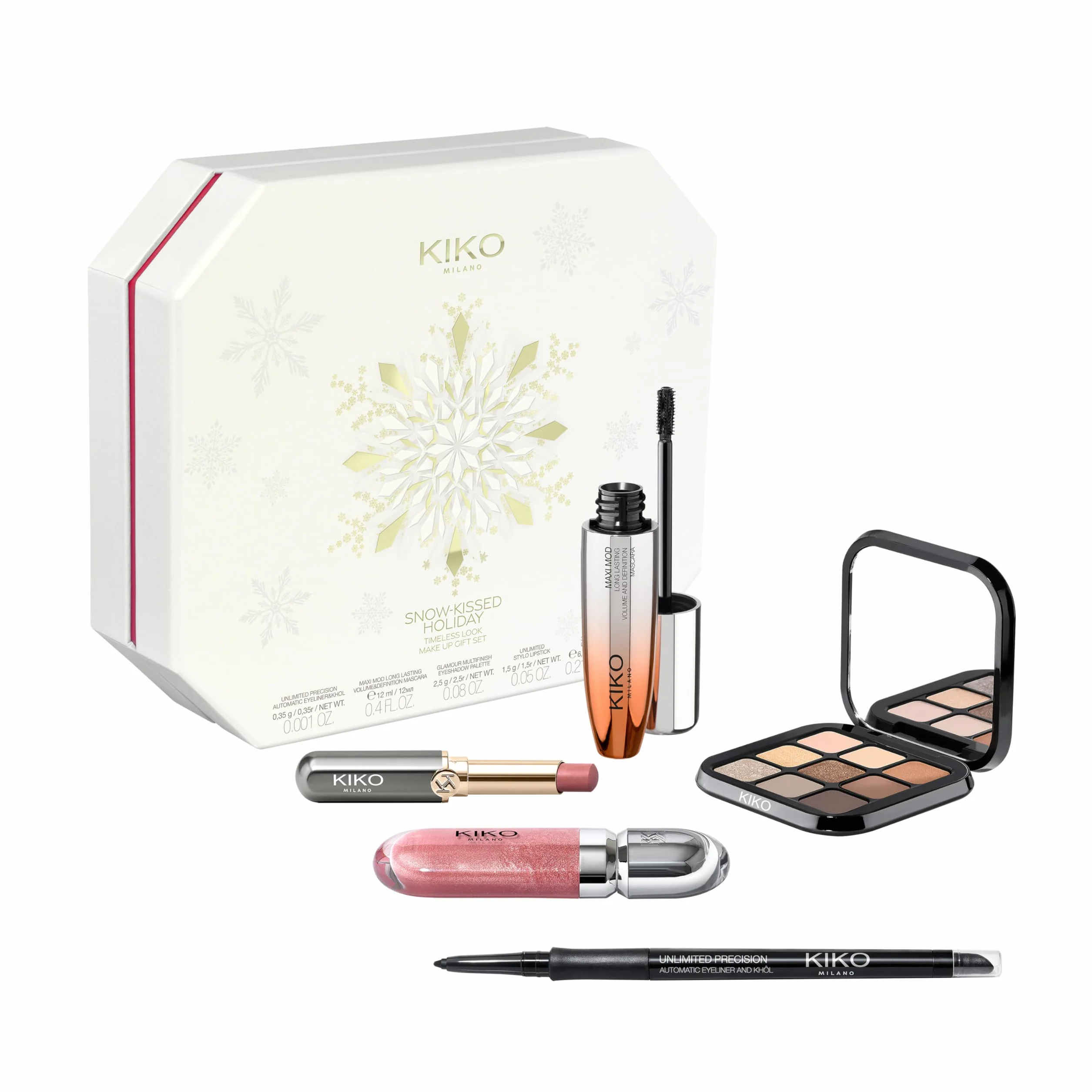 KIKO Milano Snow-Kissed Holiday Timeless Look Makeup Gift Set, Gift Set Makeup: Mascara Effetto Volume, Eyeliner, Palette Ombretti, Lucidalabbra E Rossetto