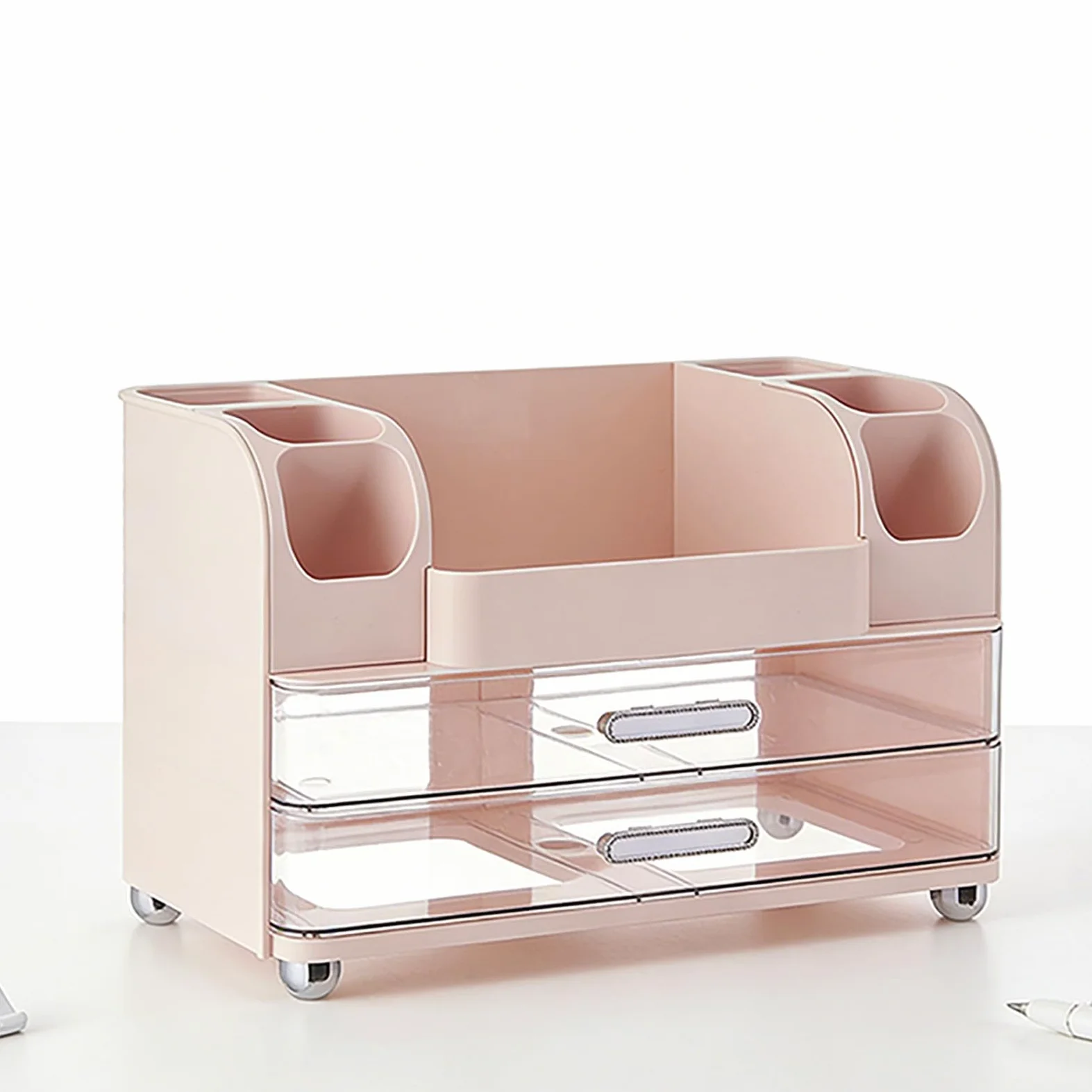 banapoy Organizer per Trucco, Vetrina Cosmetica Impermeabile di Grande capacità, Organizer da Appoggio con Cassetti e Scomparti per Pennelli per Trucco Rossetto Cura della Pelle (Roseo)