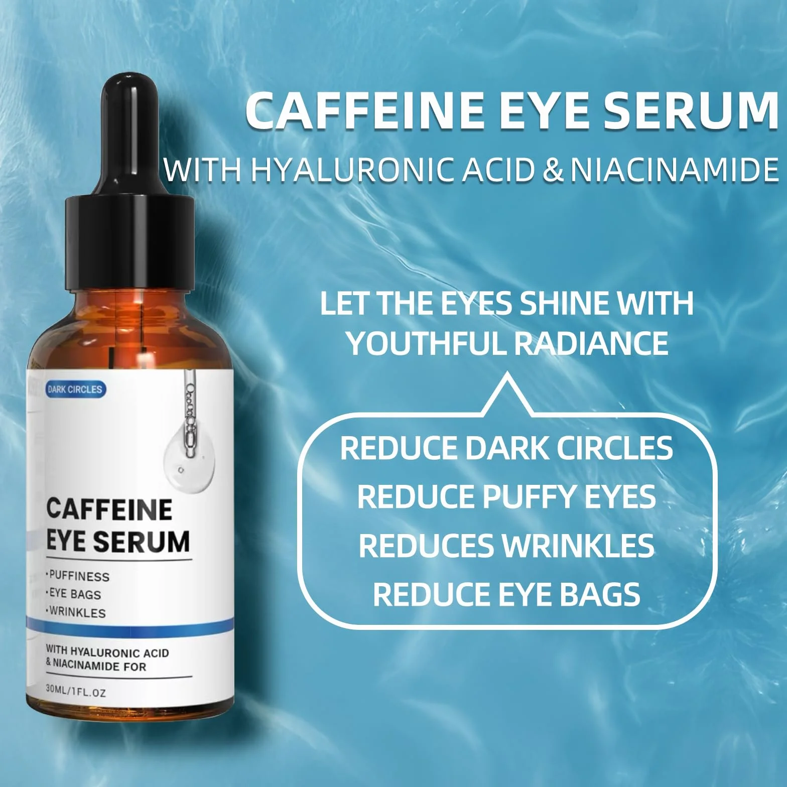 Siero Caffeina Contorno Occhi, Siero occhi antirughe con acido ialuronico per eliminare le occhiaie e le borse, per uomini e donne (30 ml)