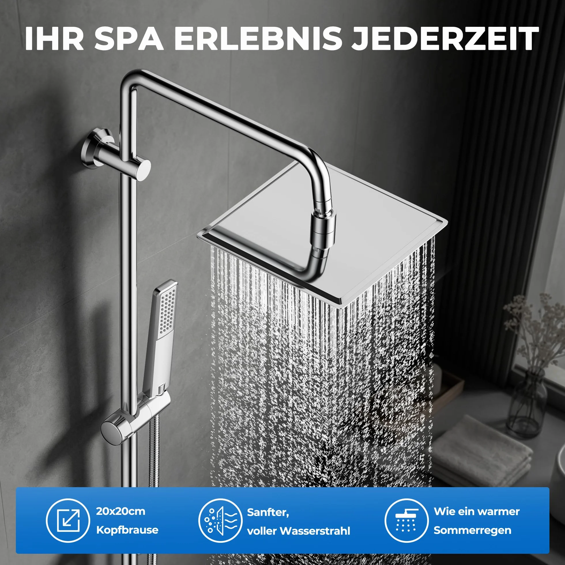 Görbach Set Doccia a Pioggia Acciaio Inox 20x20 Quadrato Soffione Doccia Doccetta a Mano