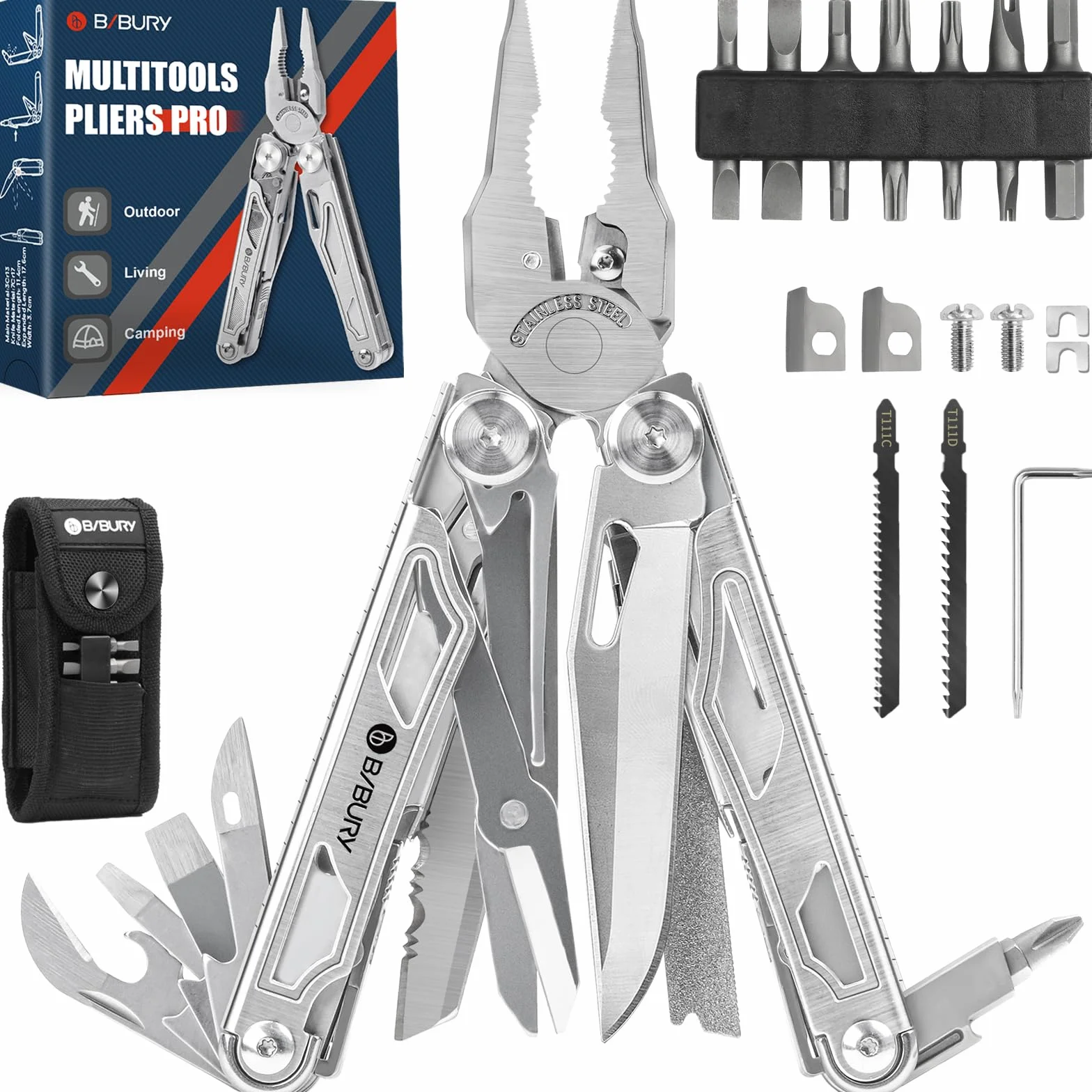 BIBURY Pinza Multiuso Multifunzione in Acciaio Inox Multitool con Forbici e Seghe Sostituibili