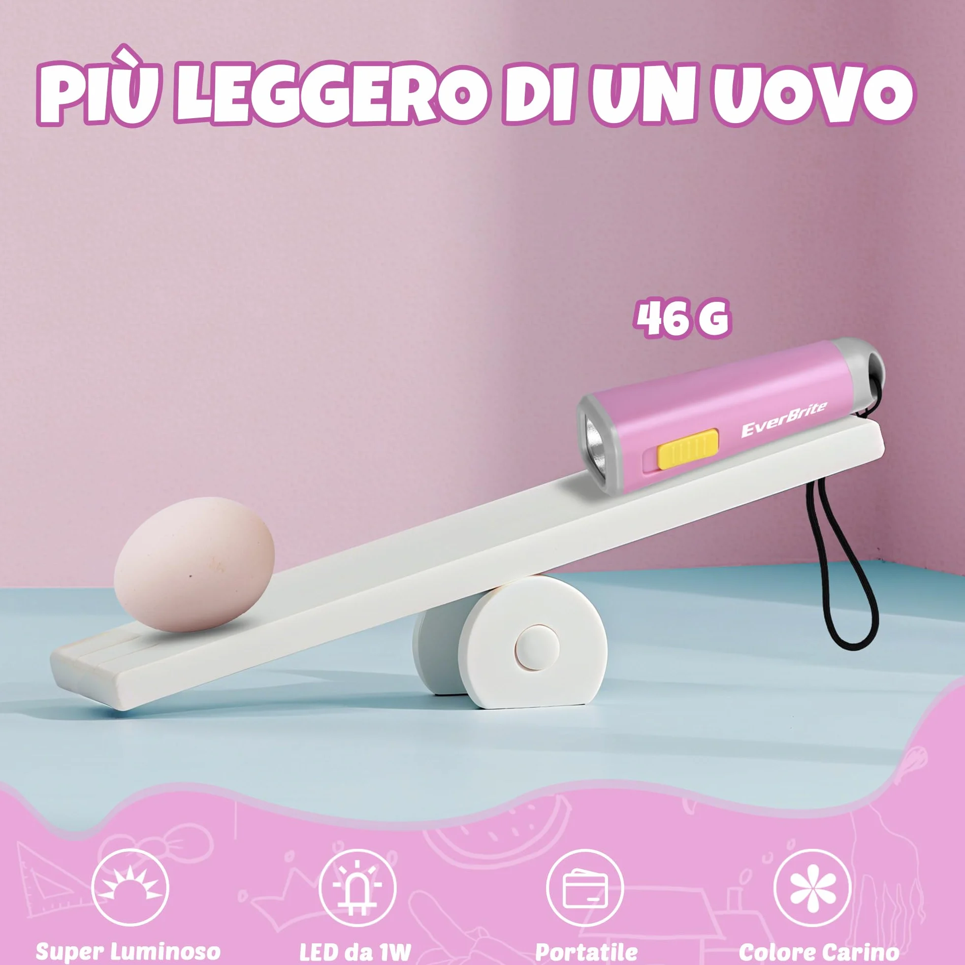 EverBrite Mini Torcia LED Rosa 46g Luce Gialla Calda 3 Batterie AAA Incluse